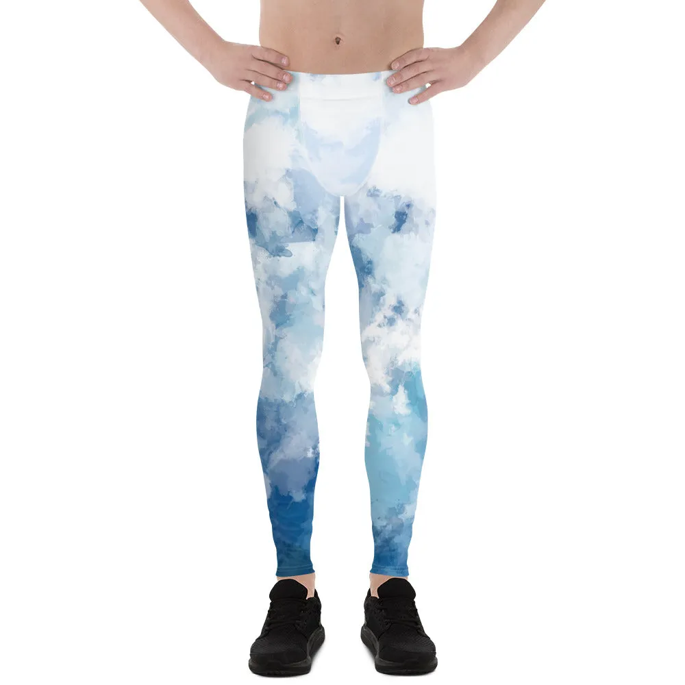 Blue Abstract Men's Leggings, Blue Clouds Designer Meggings Compression Tights-Made in USA/EU