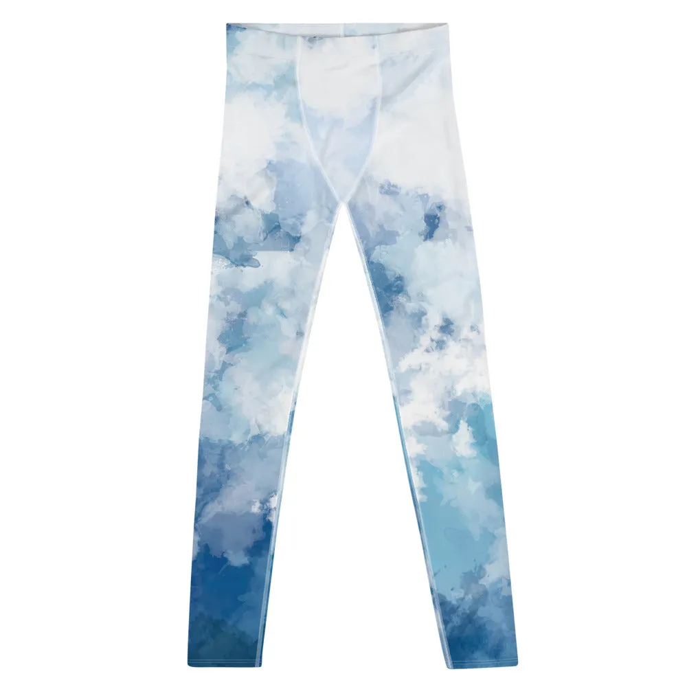 Blue Abstract Men's Leggings, Blue Clouds Designer Meggings Compression Tights-Made in USA/EU