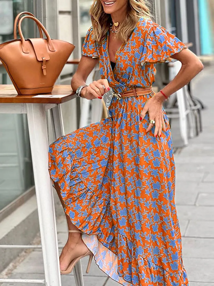 Bohemian Printed V-Neck High Waist Summer Elegant Ruffle Butterfly Sleeve Trumpet / Mermaid Maxi Dress