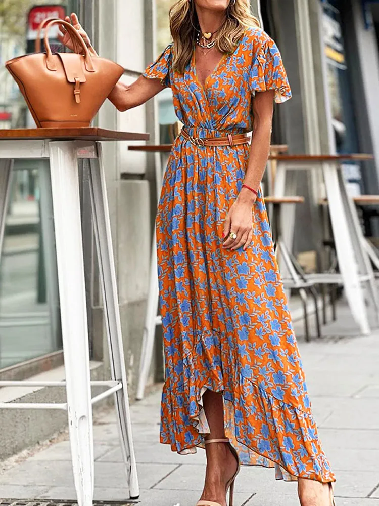 Bohemian Printed V-Neck High Waist Summer Elegant Ruffle Butterfly Sleeve Trumpet / Mermaid Maxi Dress