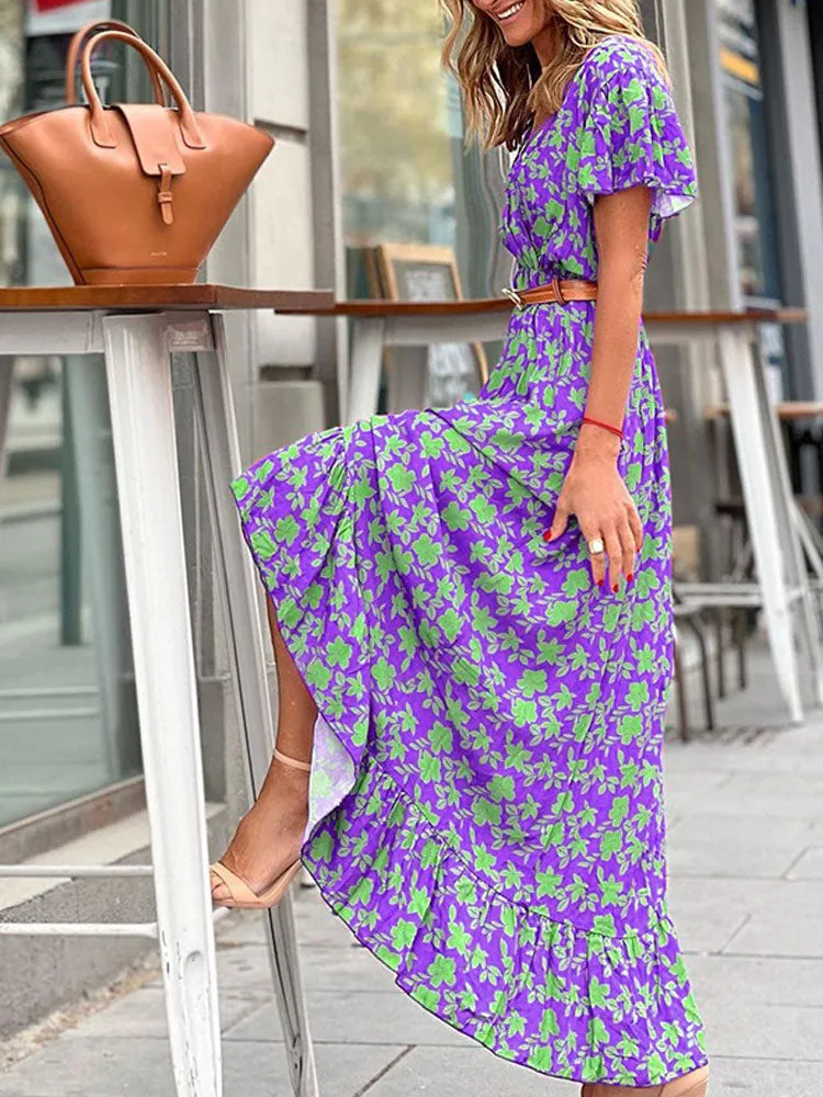 Bohemian Printed V-Neck High Waist Summer Elegant Ruffle Butterfly Sleeve Trumpet / Mermaid Maxi Dress