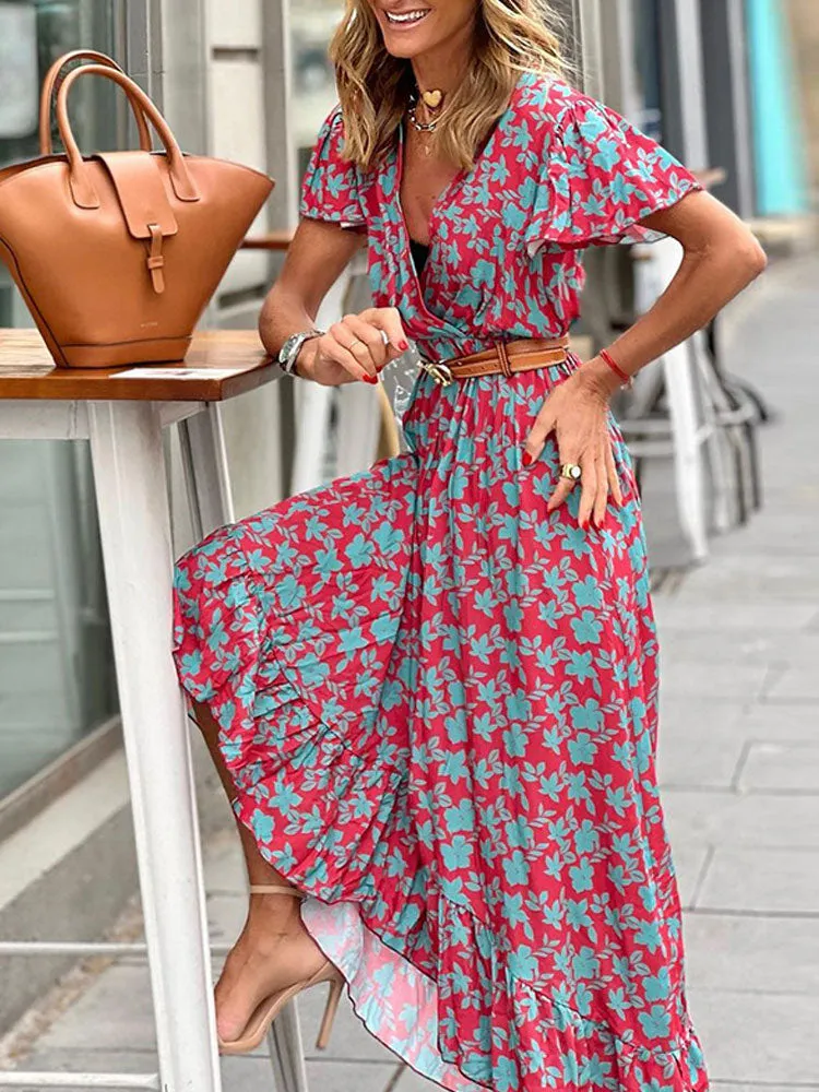 Bohemian Printed V-Neck High Waist Summer Elegant Ruffle Butterfly Sleeve Trumpet / Mermaid Maxi Dress