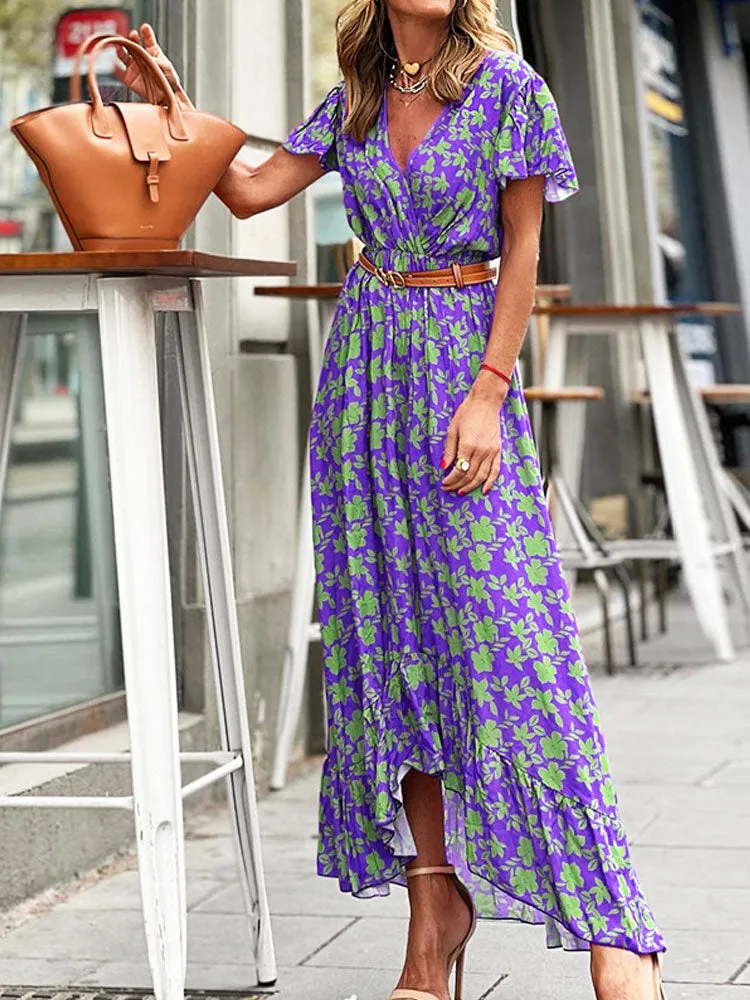 Bohemian Printed V-Neck High Waist Summer Elegant Ruffle Butterfly Sleeve Trumpet / Mermaid Maxi Dress