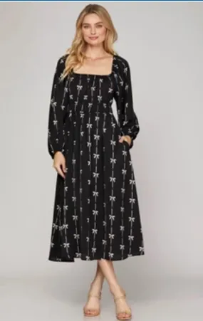 BOW PRINTED ELASTIC SLEEVE LINED LONG DRESS