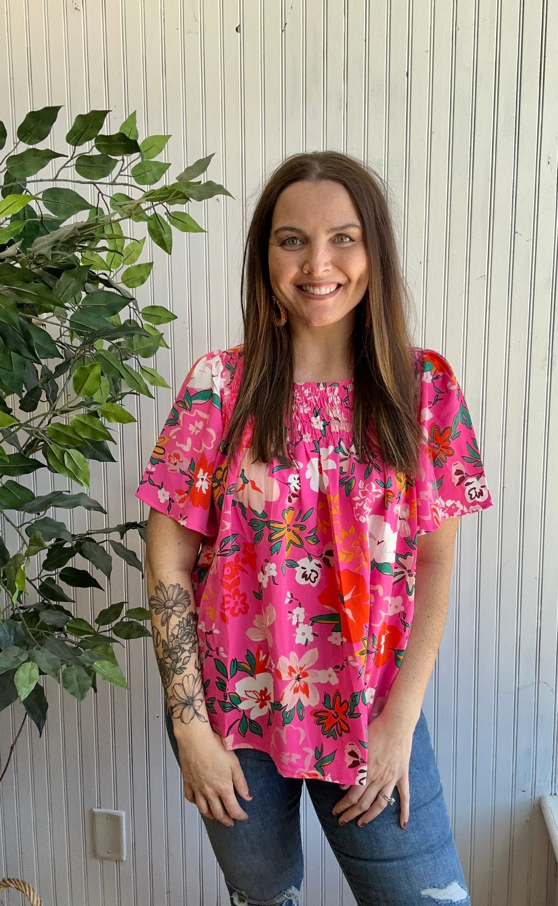 Bright Pink Floral Flounce Sleeve Smocked Blouse