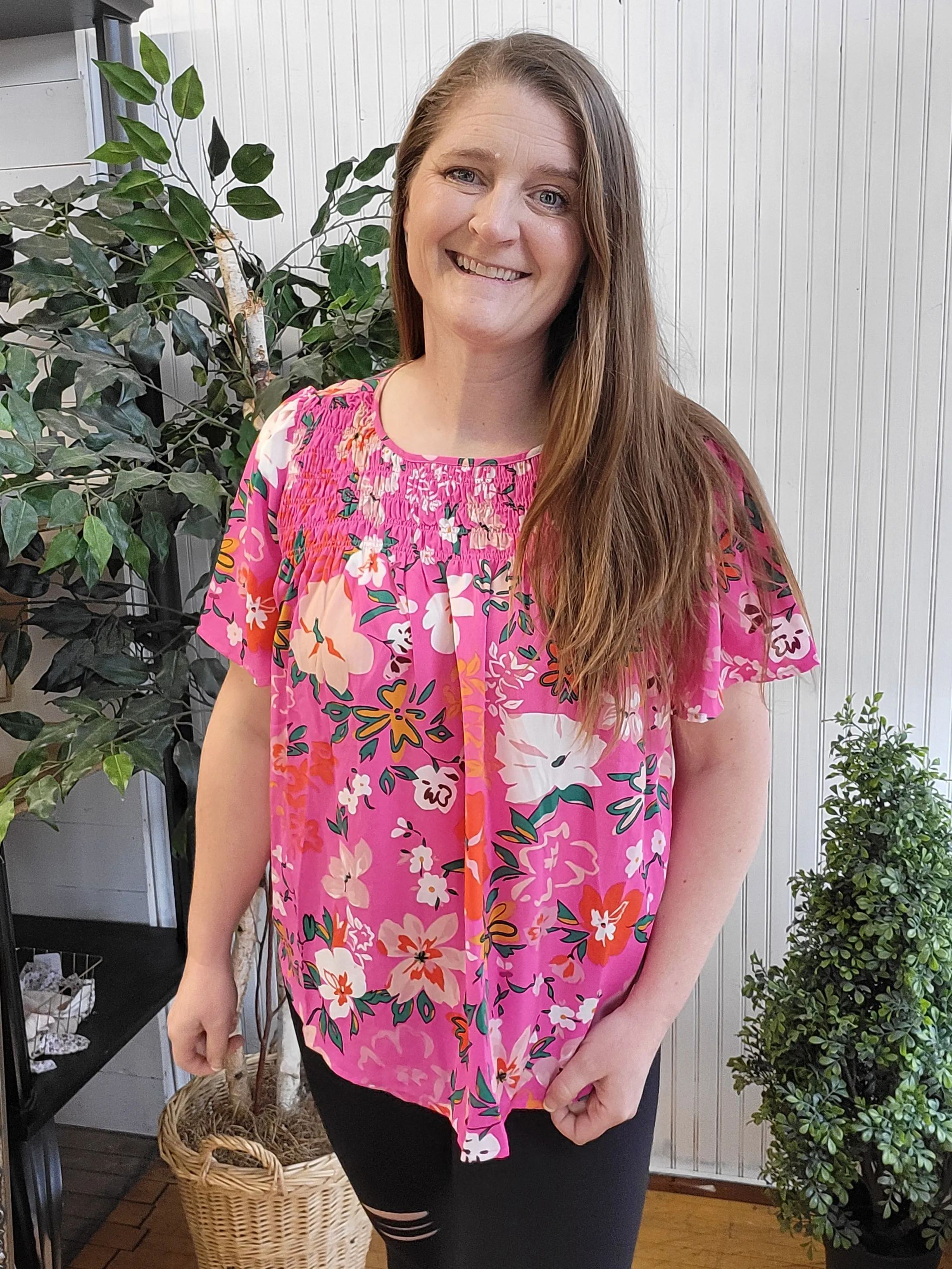 Bright Pink Floral Flounce Sleeve Smocked Blouse