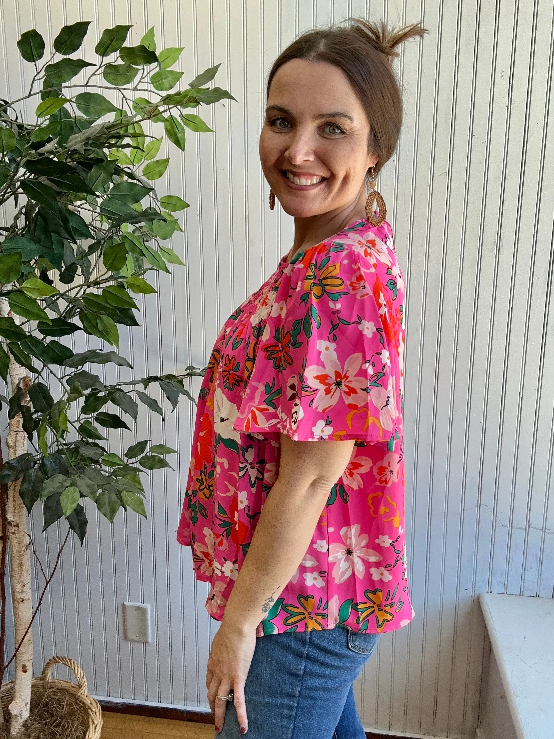 Bright Pink Floral Flounce Sleeve Smocked Blouse