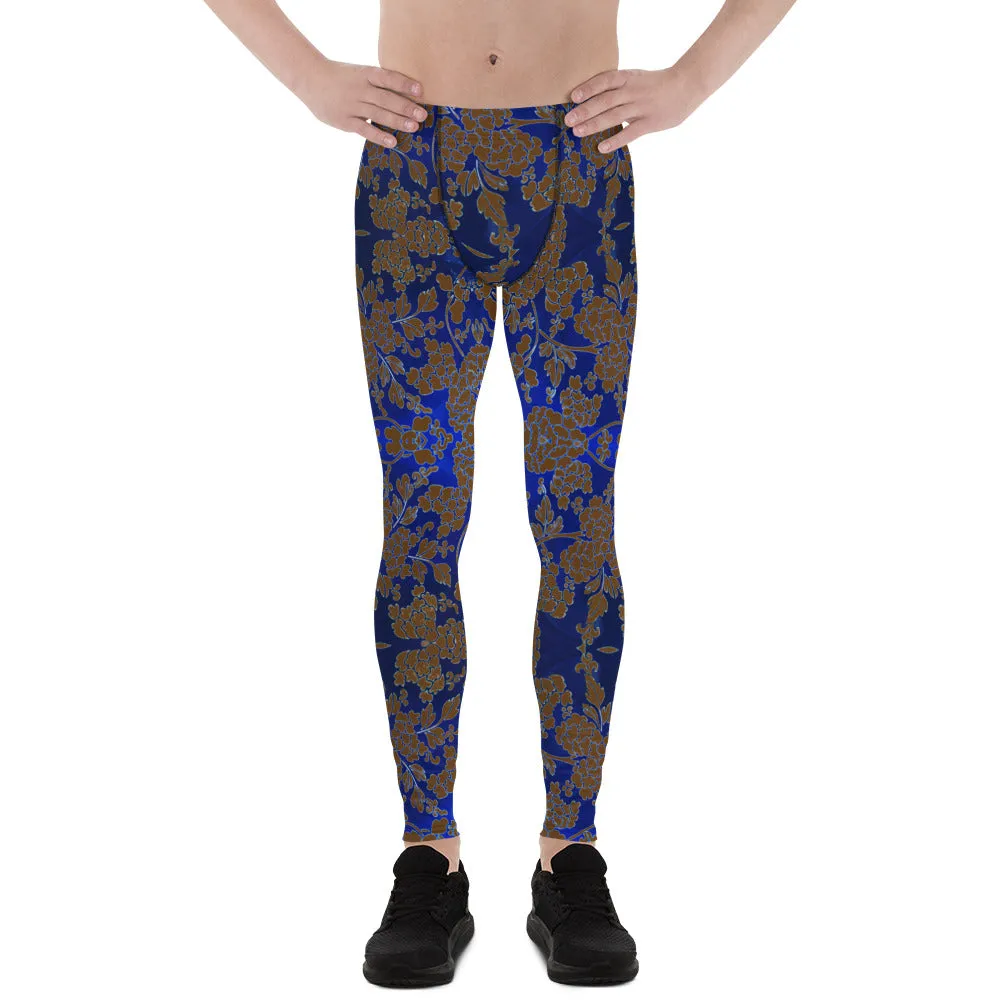 Brown Blue Floral Print Meggings, Best Blue and Brown Oriental Style Floral Print Meggings Compression Tights - Made in USA/EU/MX