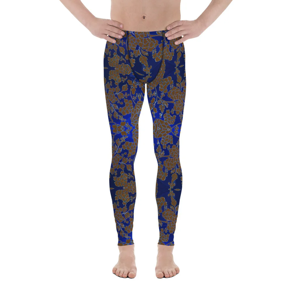 Brown Blue Floral Print Meggings, Best Blue and Brown Oriental Style Floral Print Meggings Compression Tights - Made in USA/EU/MX