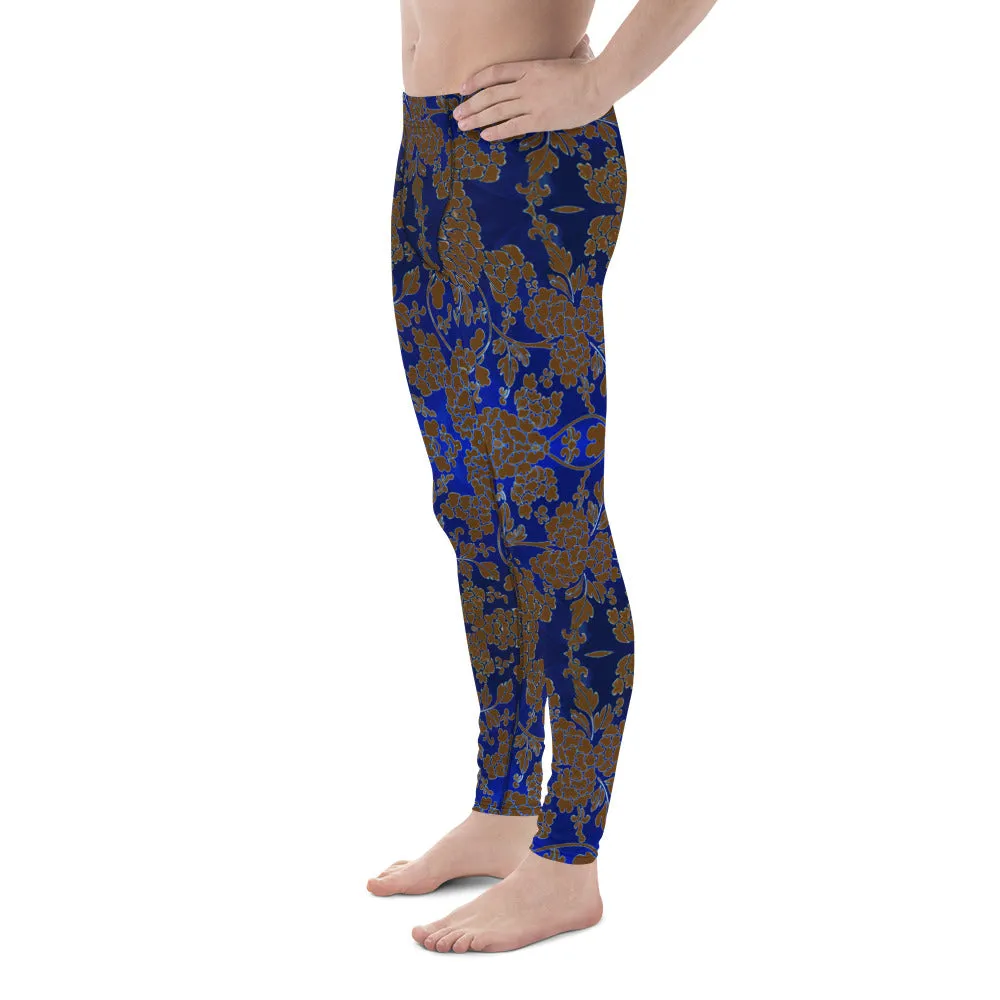 Brown Blue Floral Print Meggings, Best Blue and Brown Oriental Style Floral Print Meggings Compression Tights - Made in USA/EU/MX