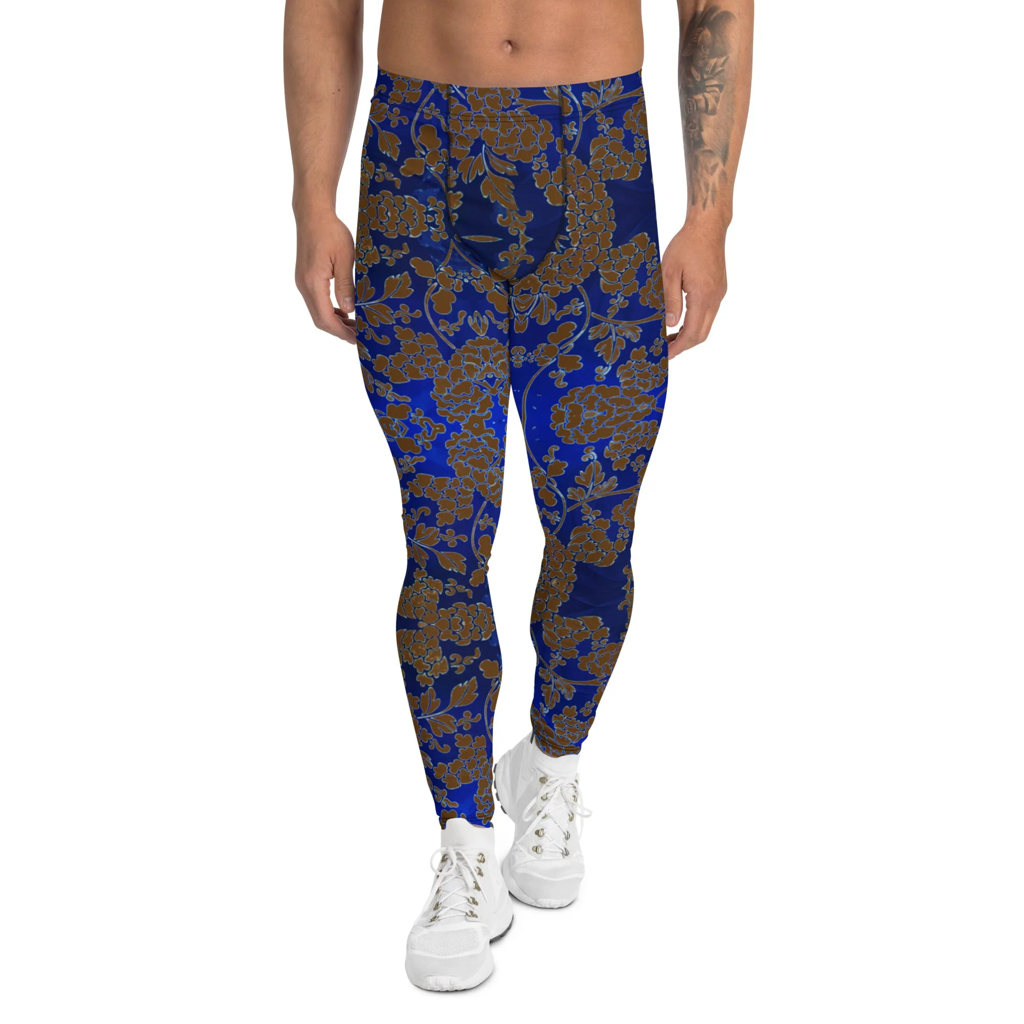 Brown Blue Floral Print Meggings, Best Blue and Brown Oriental Style Floral Print Meggings Compression Tights - Made in USA/EU/MX