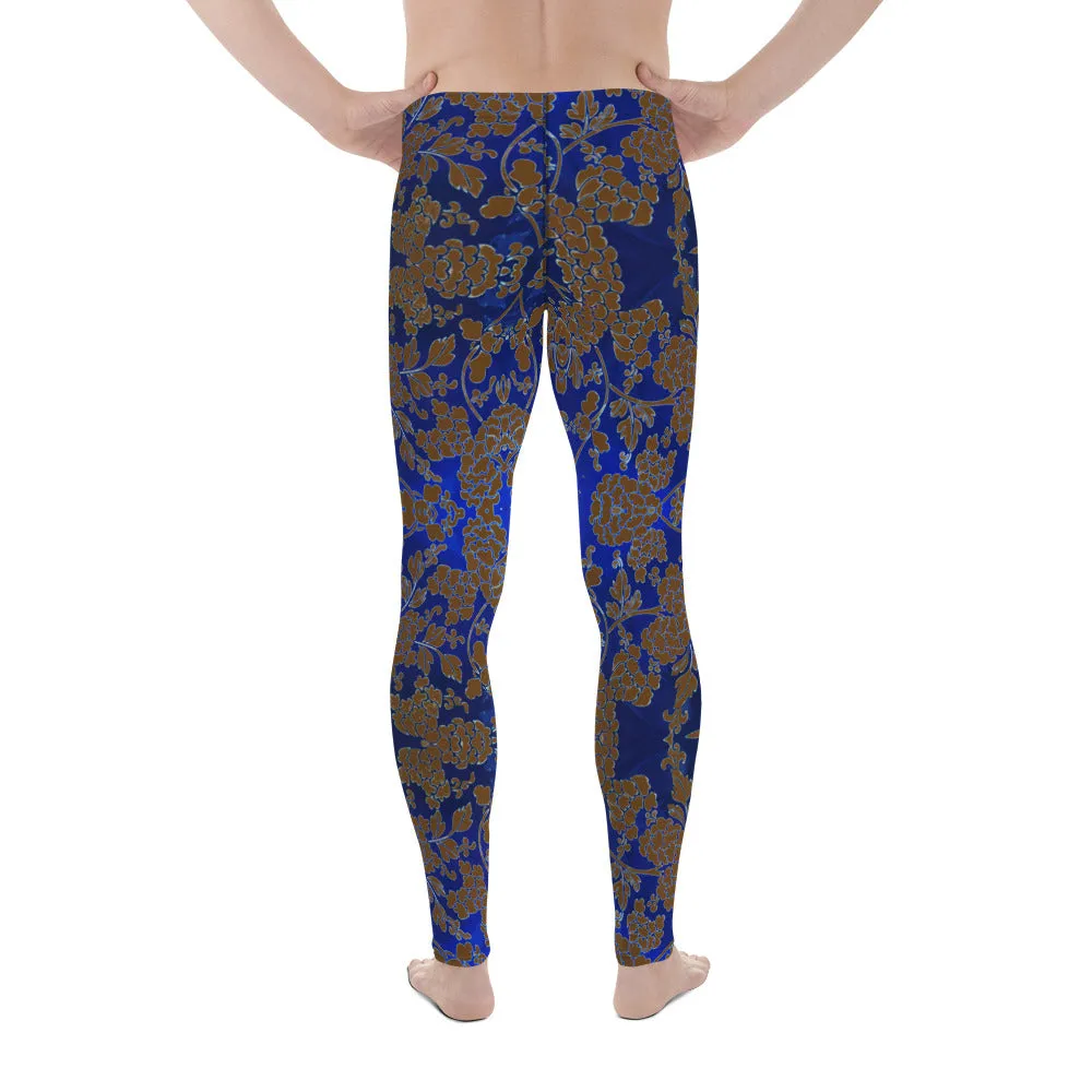 Brown Blue Floral Print Meggings, Best Blue and Brown Oriental Style Floral Print Meggings Compression Tights - Made in USA/EU/MX