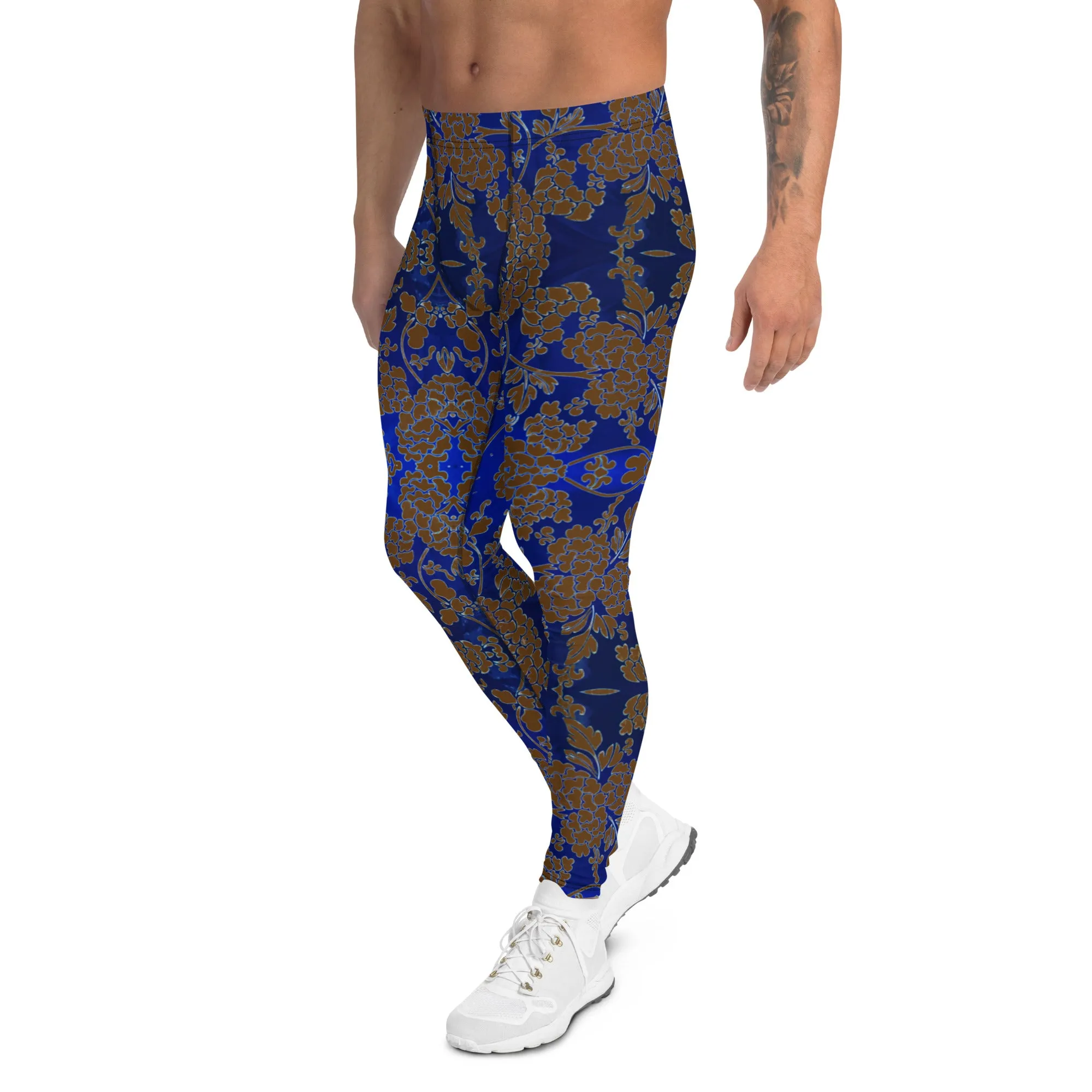 Brown Blue Floral Print Meggings, Best Blue and Brown Oriental Style Floral Print Meggings Compression Tights - Made in USA/EU/MX