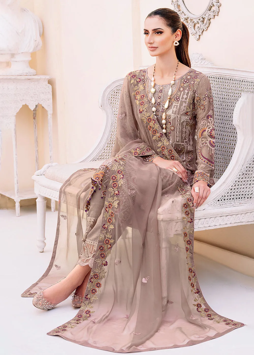 Brown Embroidered Suit - Ramsha Chiffon Vol 23 - #F-2311