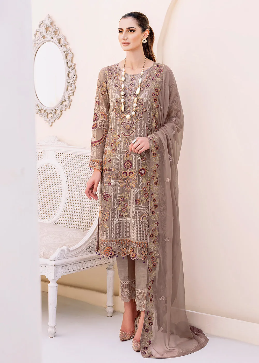 Brown Embroidered Suit - Ramsha Chiffon Vol 23 - #F-2311