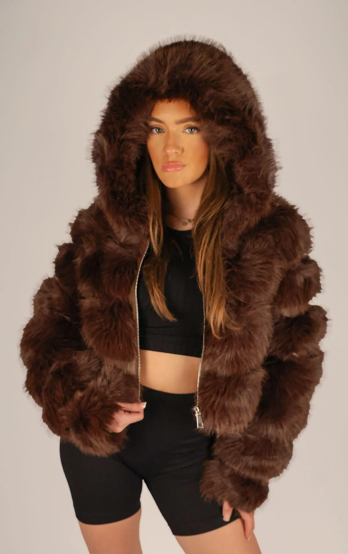 Brown Faux Fur Cropped Hooded Coat