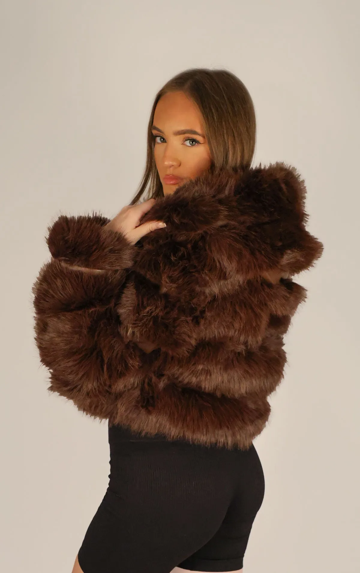 Brown Faux Fur Cropped Hooded Coat