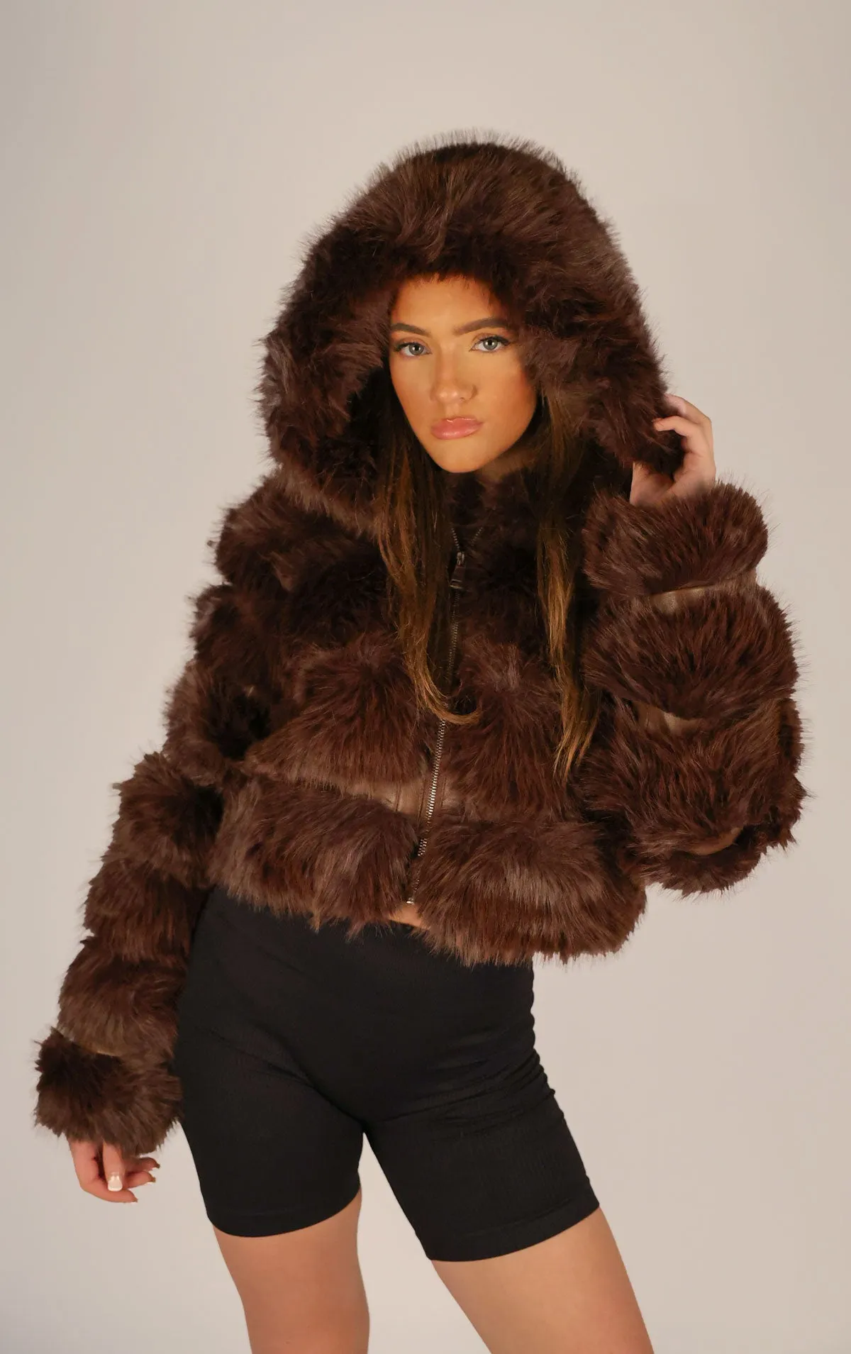 Brown Faux Fur Cropped Hooded Coat