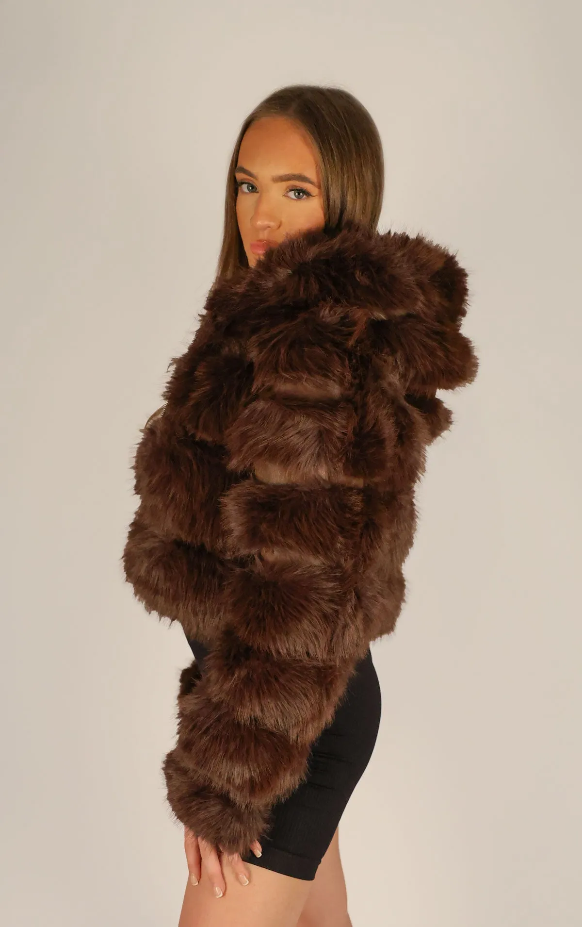 Brown Faux Fur Cropped Hooded Coat