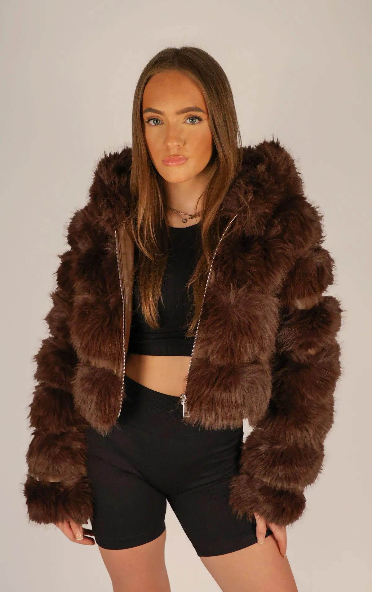 Brown Faux Fur Cropped Hooded Coat