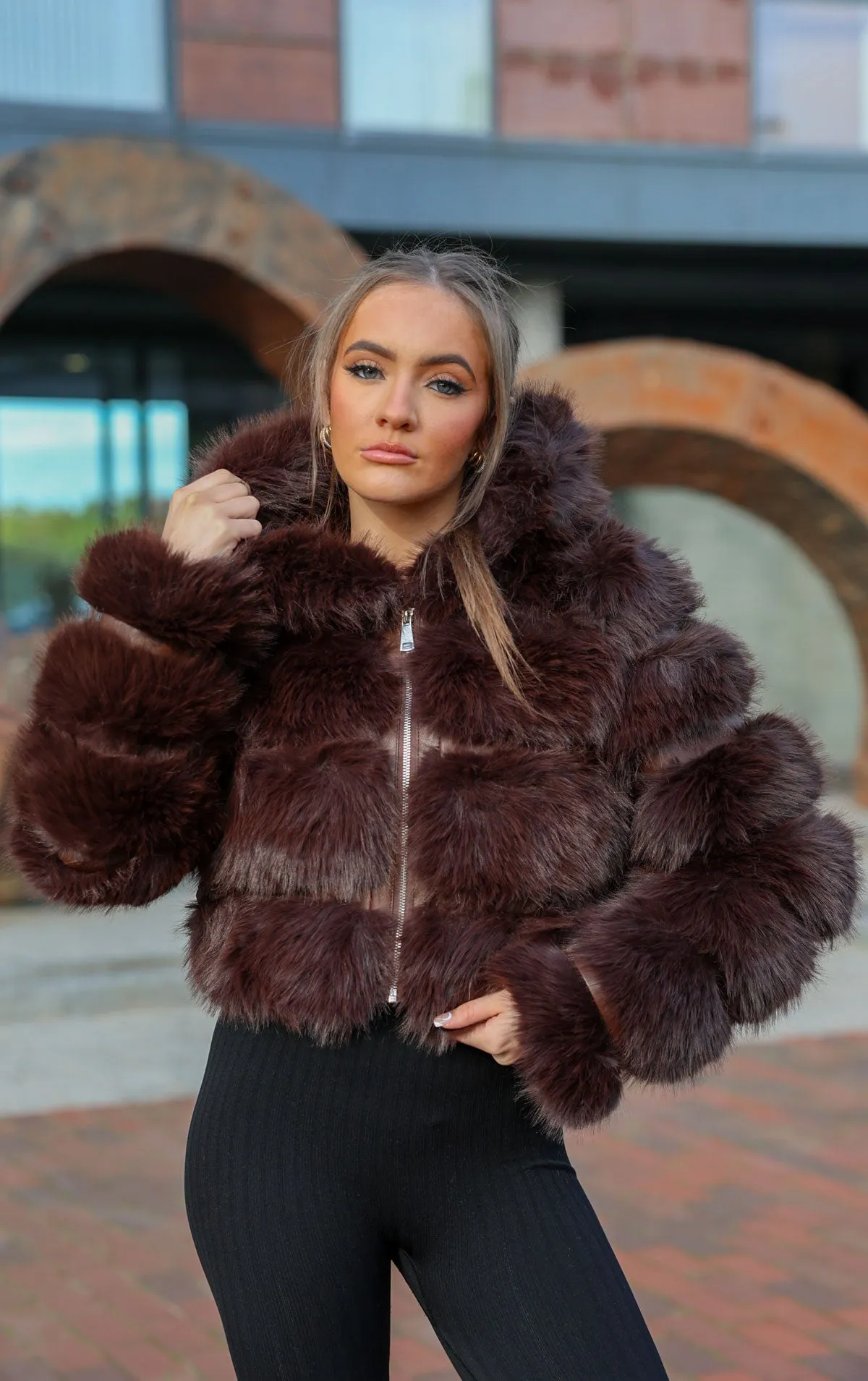 Brown Faux Fur Cropped Hooded Coat