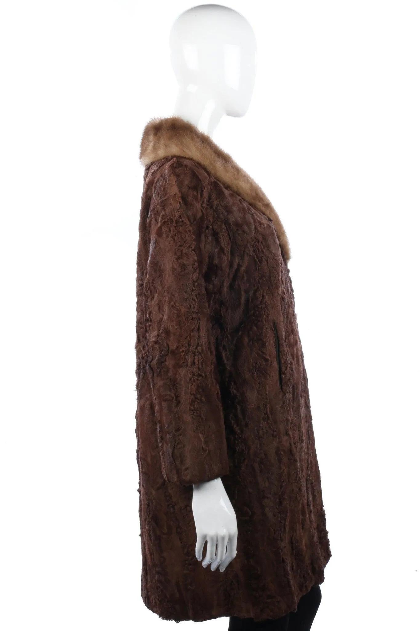 Brown vintage lamb skin coat with a  mink collar UK14