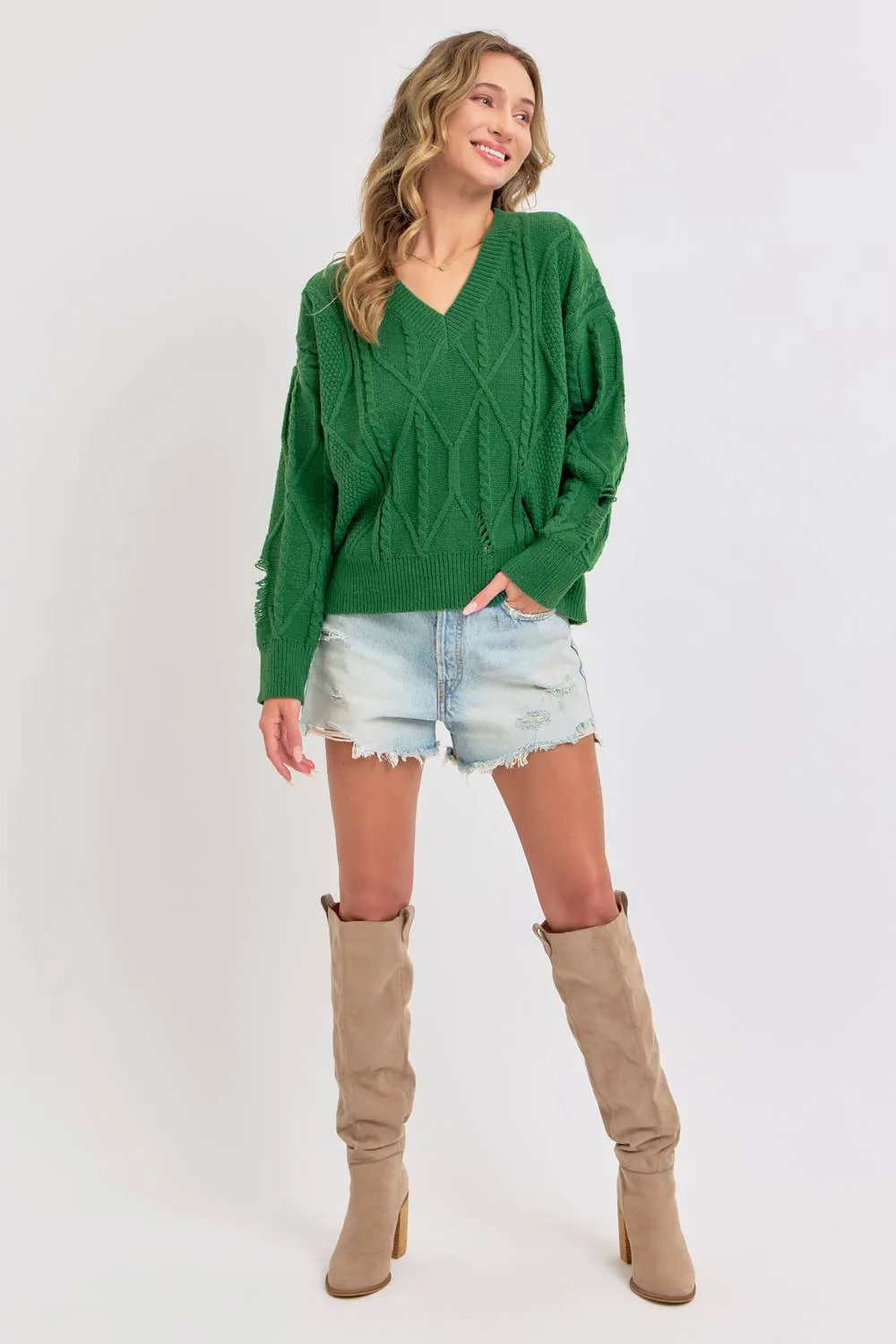 Cable Knit Destressed V-Neck Sweater