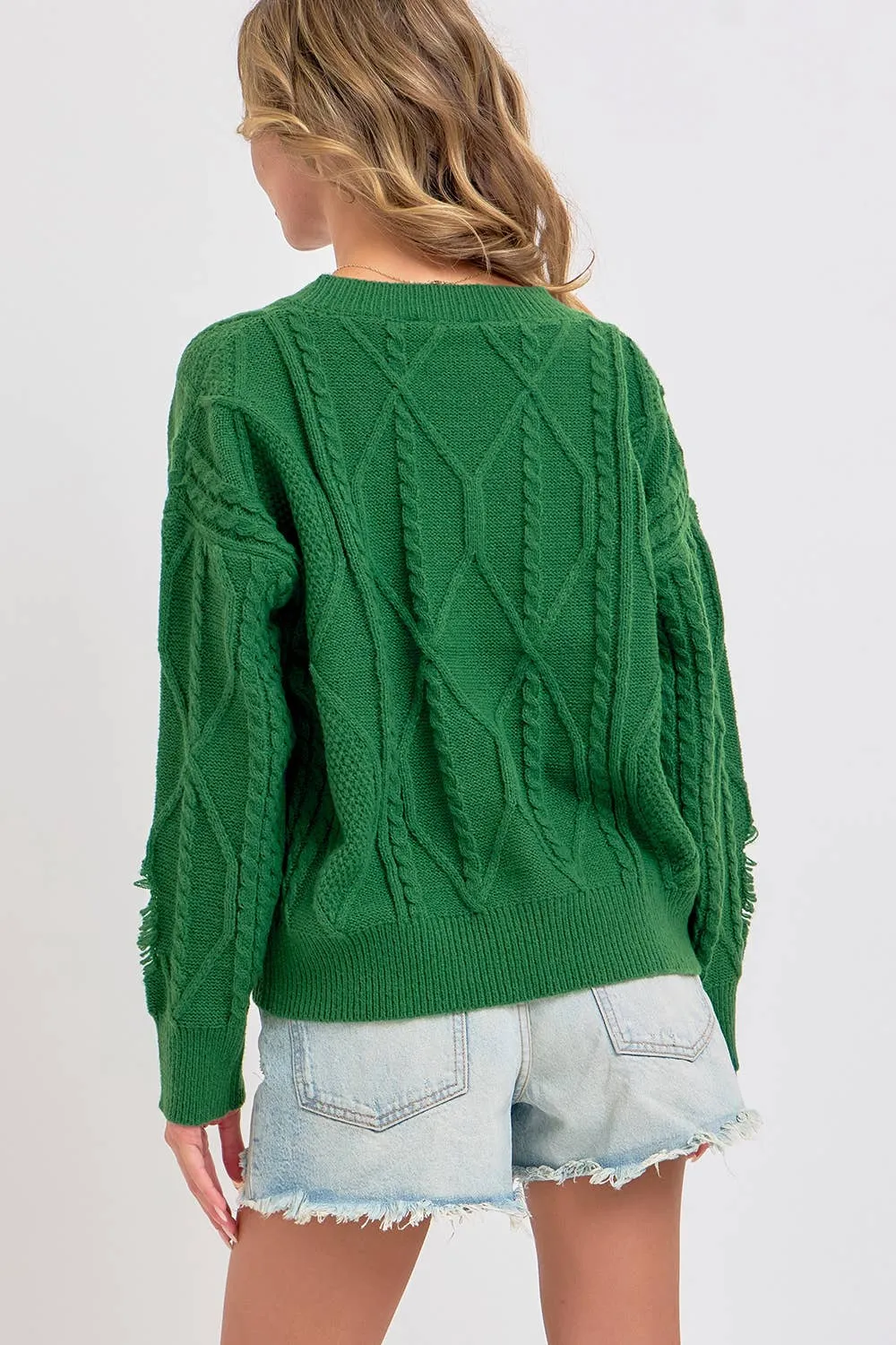 Cable Knit Destressed V-Neck Sweater