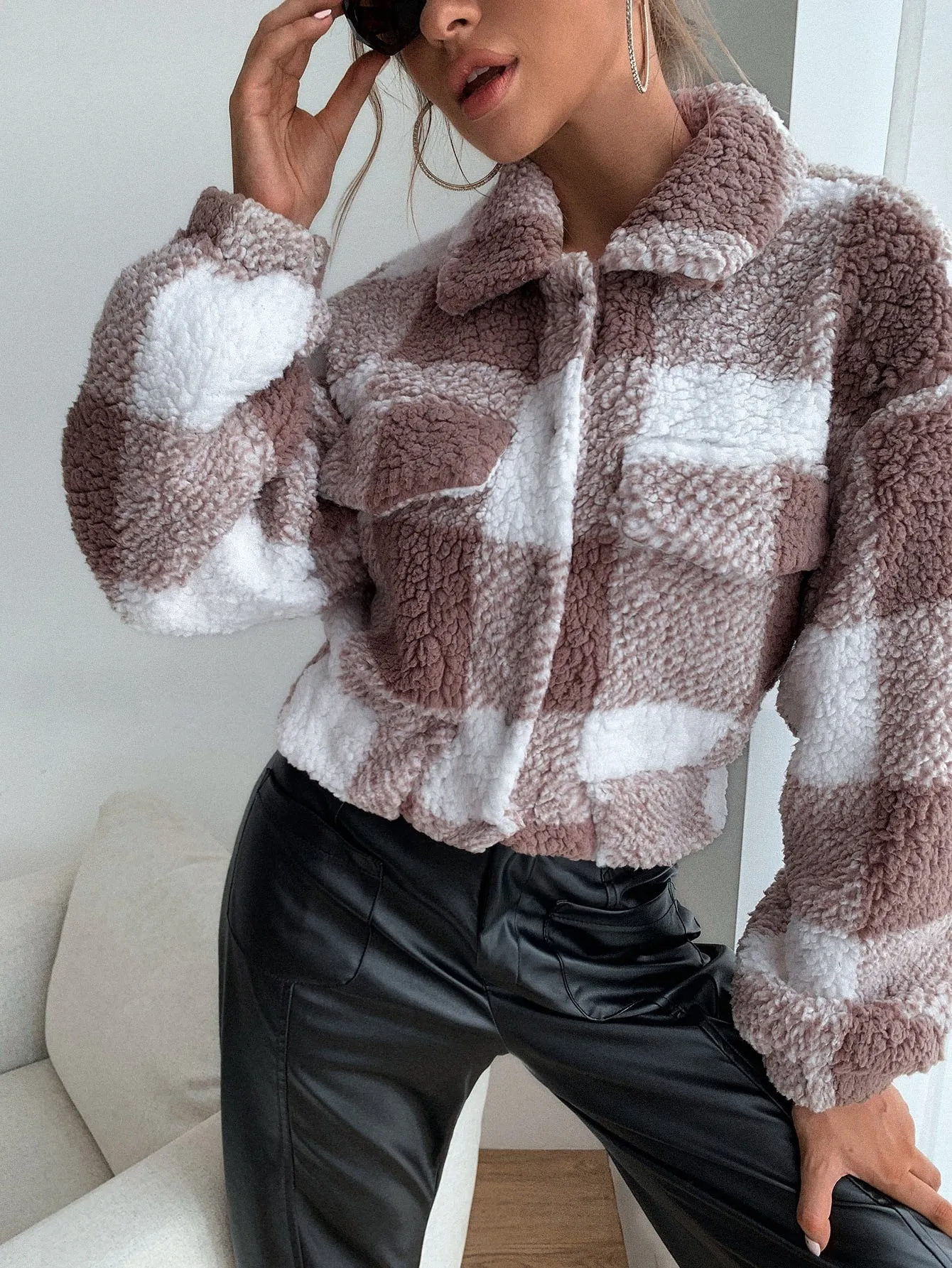 Casual Gingham Long Sleeve Collar Crop Women Jacket