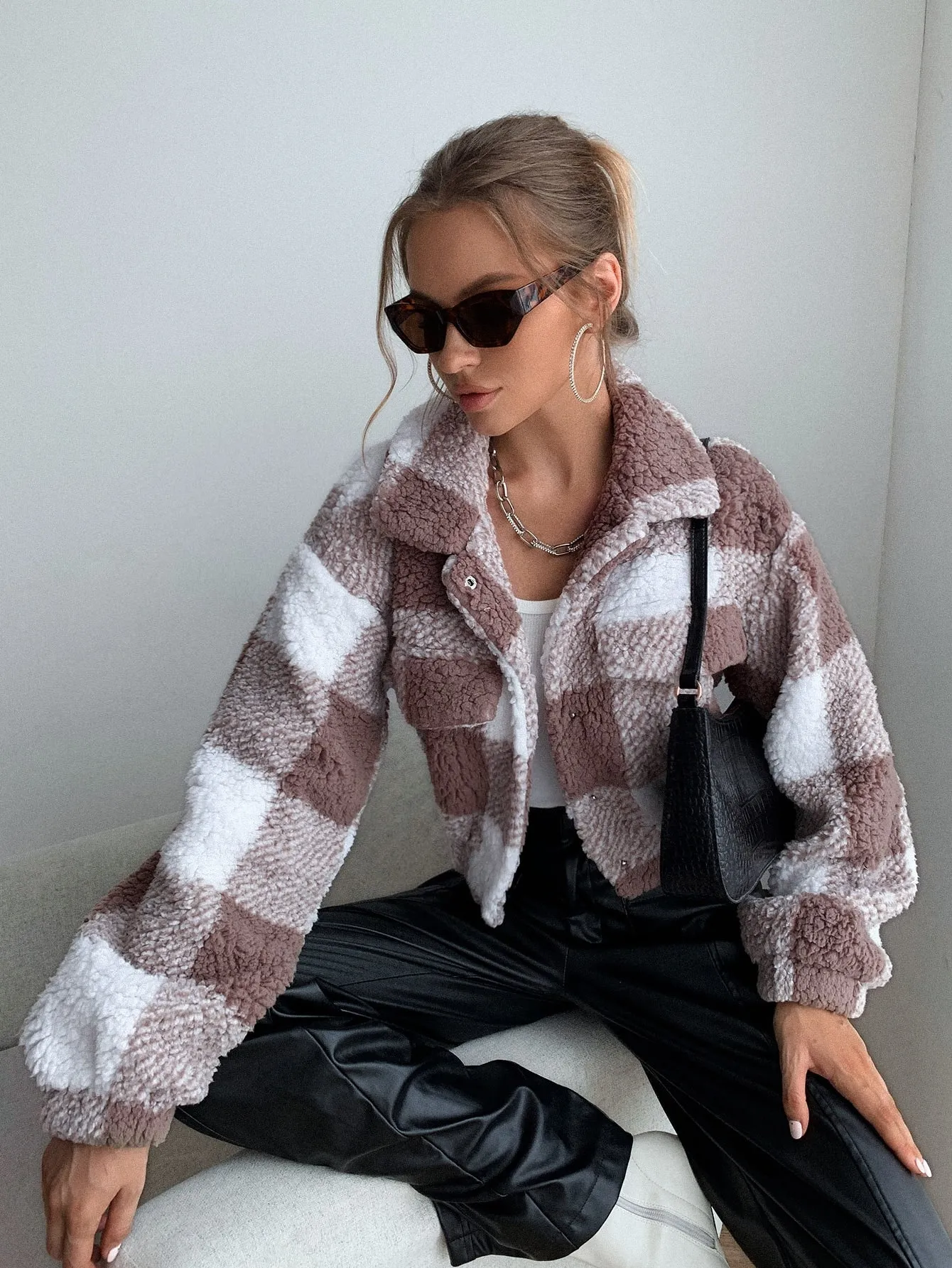 Casual Gingham Long Sleeve Collar Crop Women Jacket