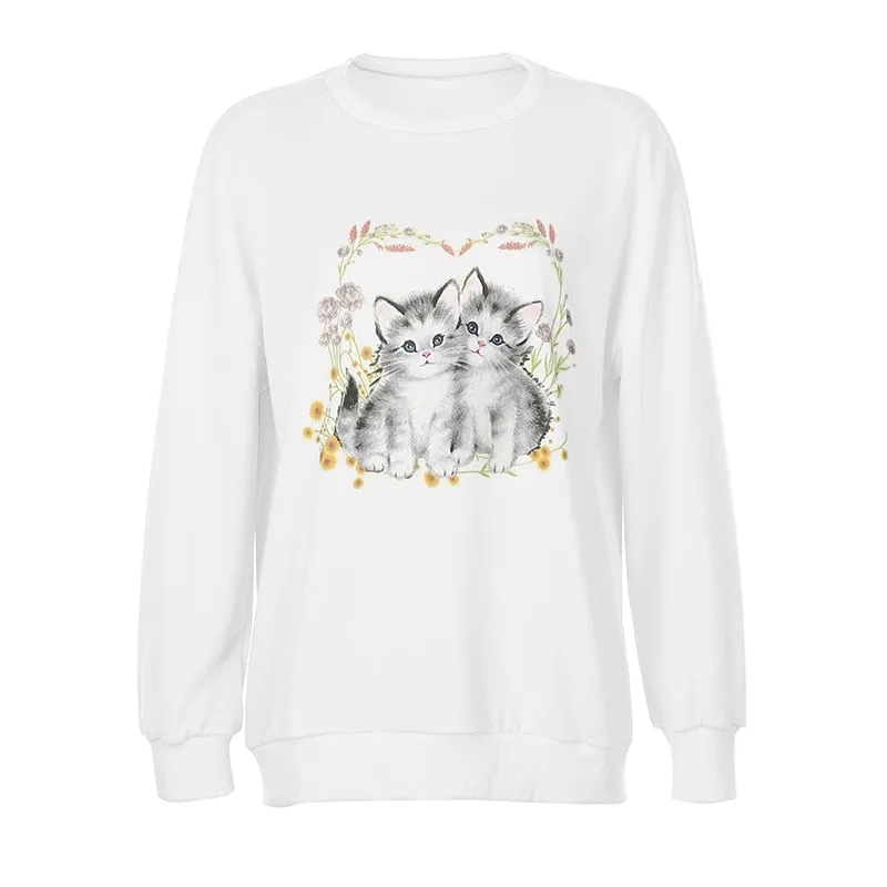 Cat Print Cute White Oversized Autumn Cute Long Sleeve Sweat Shirt Casual Loose Pullover Streetwear Sweatshirt