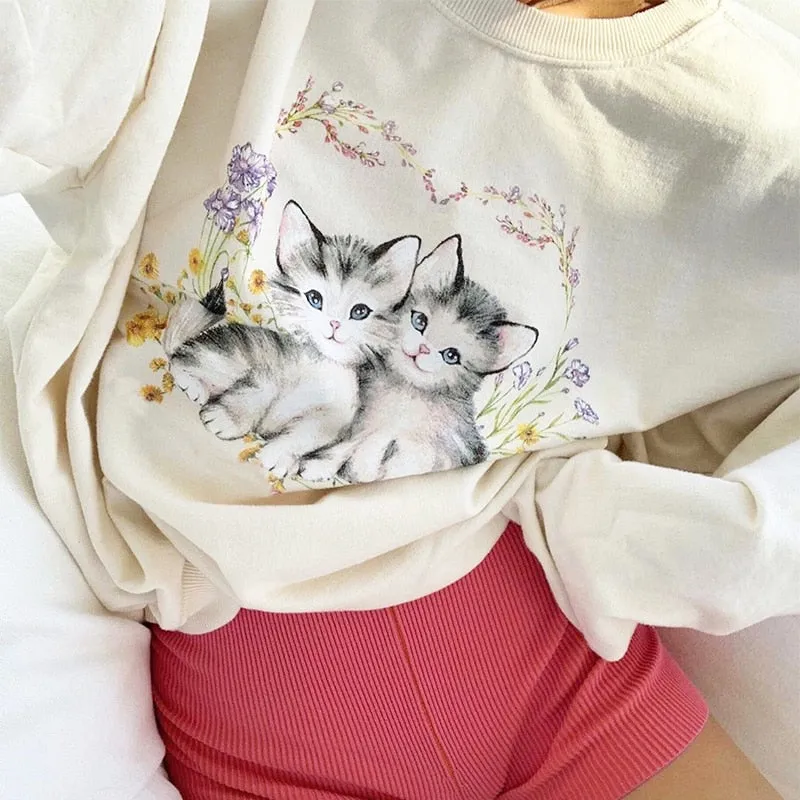 Cat Print Cute White Oversized Autumn Cute Long Sleeve Sweat Shirt Casual Loose Pullover Streetwear Sweatshirt