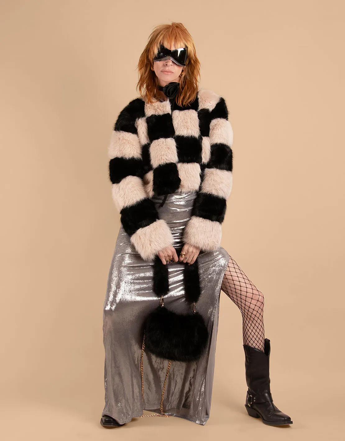 Checkered faux fur coat