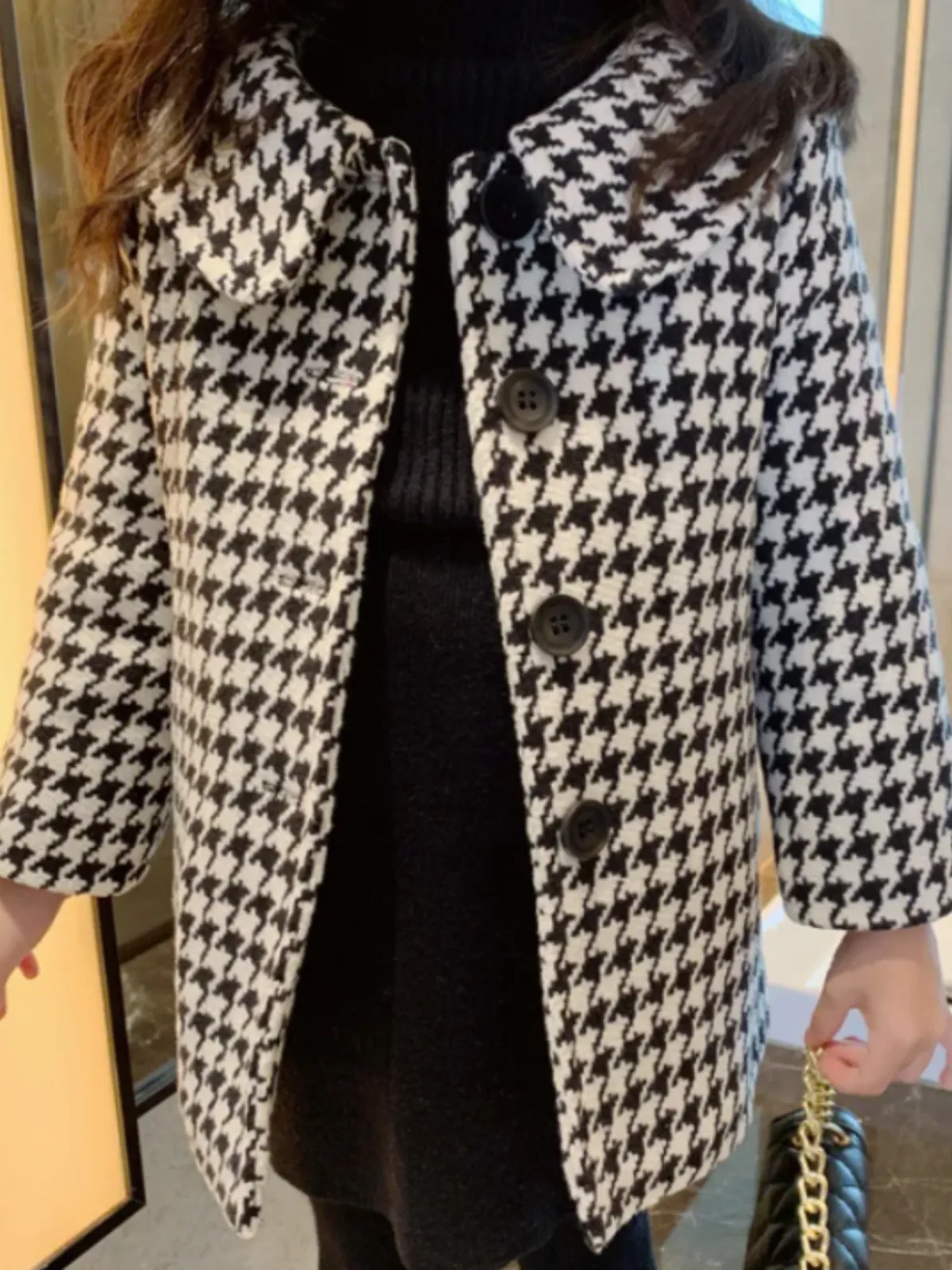 Chic Black and White Patterned Girls' Long Coat