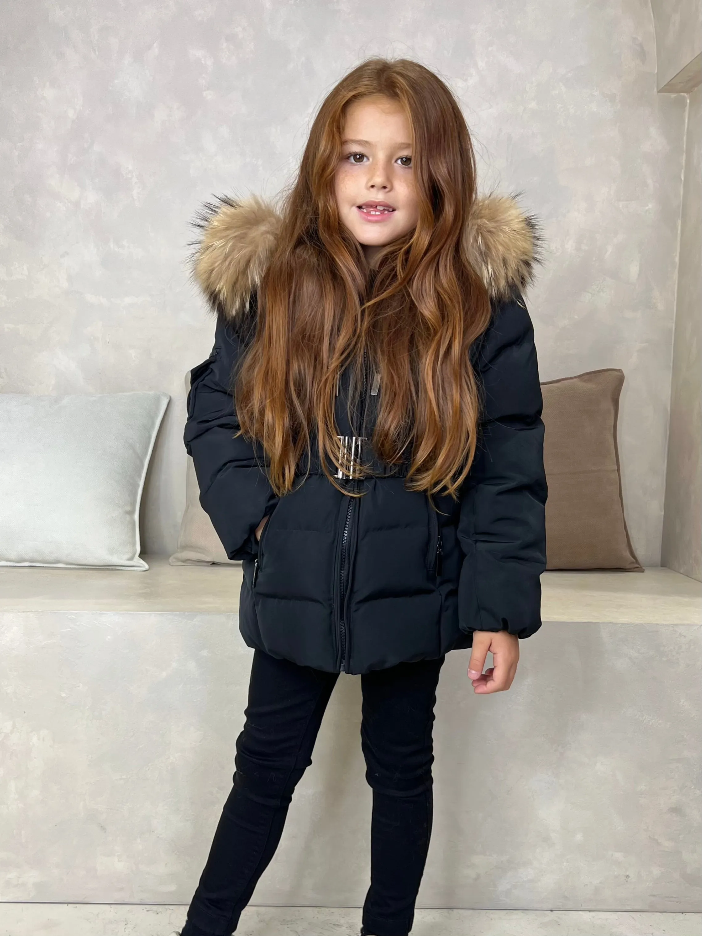 Childrens Black Luxury Fur Padded Belted Coat