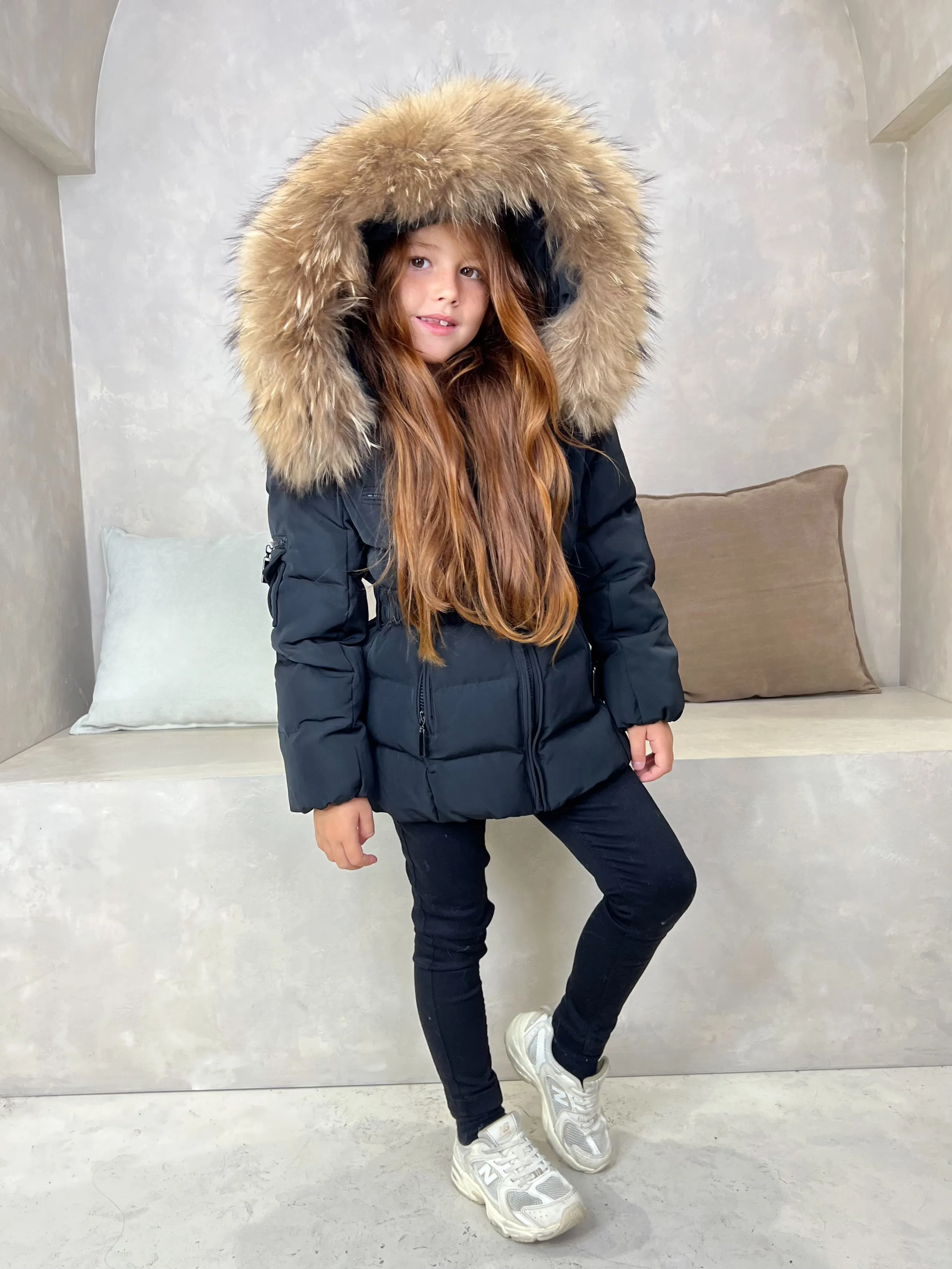 Childrens Black Luxury Fur Padded Belted Coat