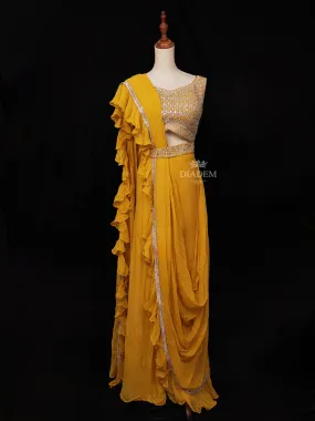 Chrome Yellow Georgette Ready to Wear Saree with Plain Body Paired with Designer Blouse and Waist Belt