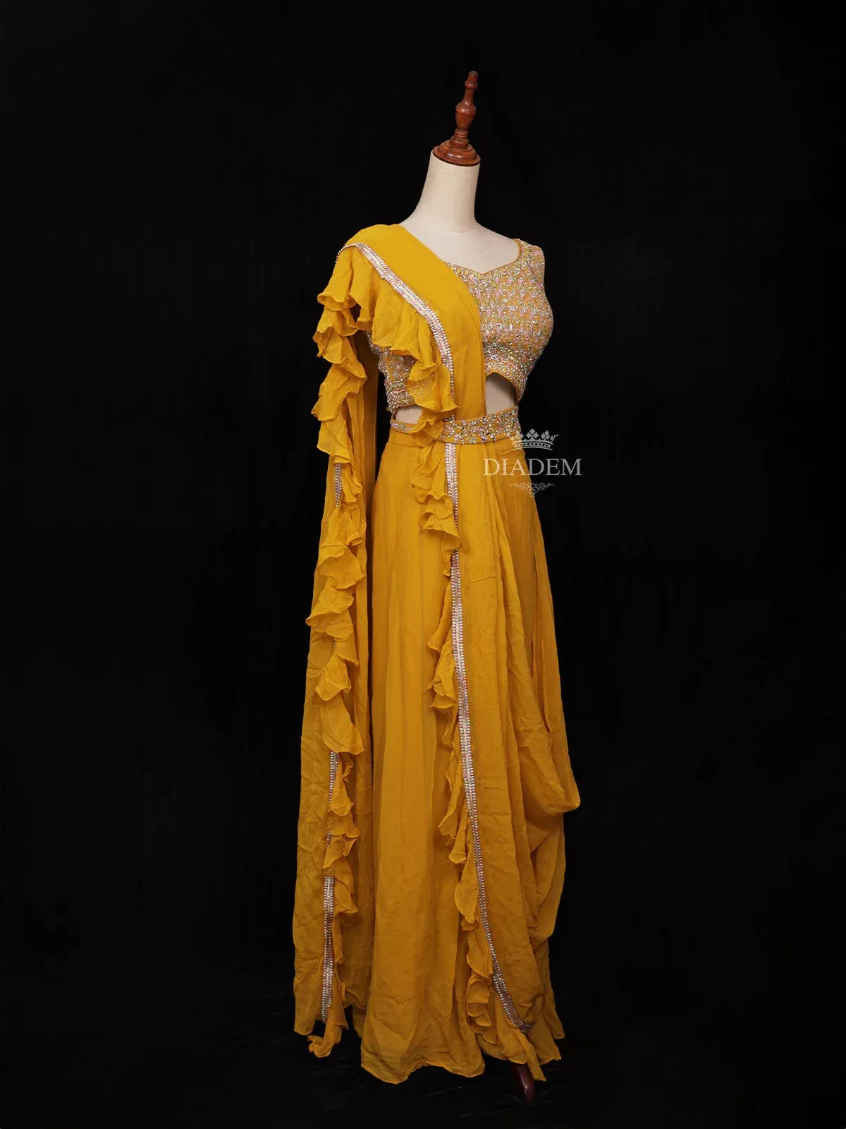 Chrome Yellow Georgette Ready to Wear Saree with Plain Body Paired with Designer Blouse and Waist Belt