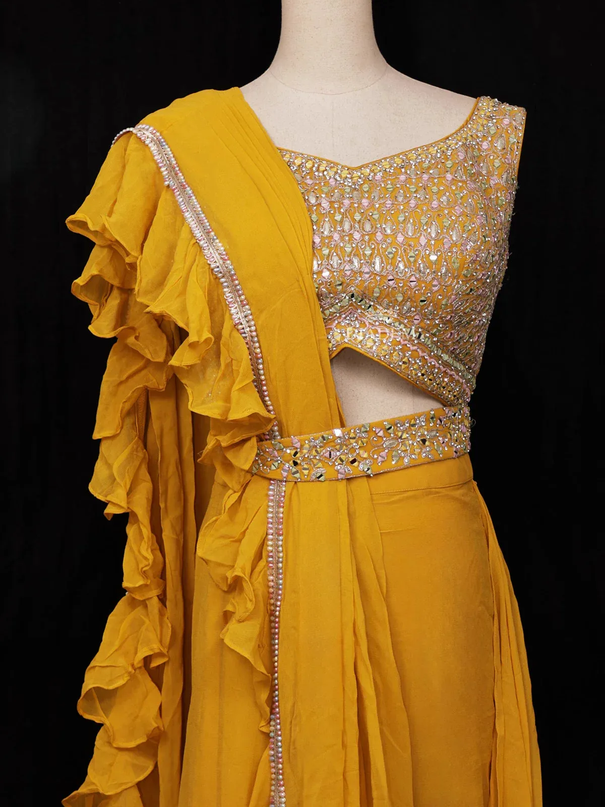 Chrome Yellow Georgette Ready to Wear Saree with Plain Body Paired with Designer Blouse and Waist Belt