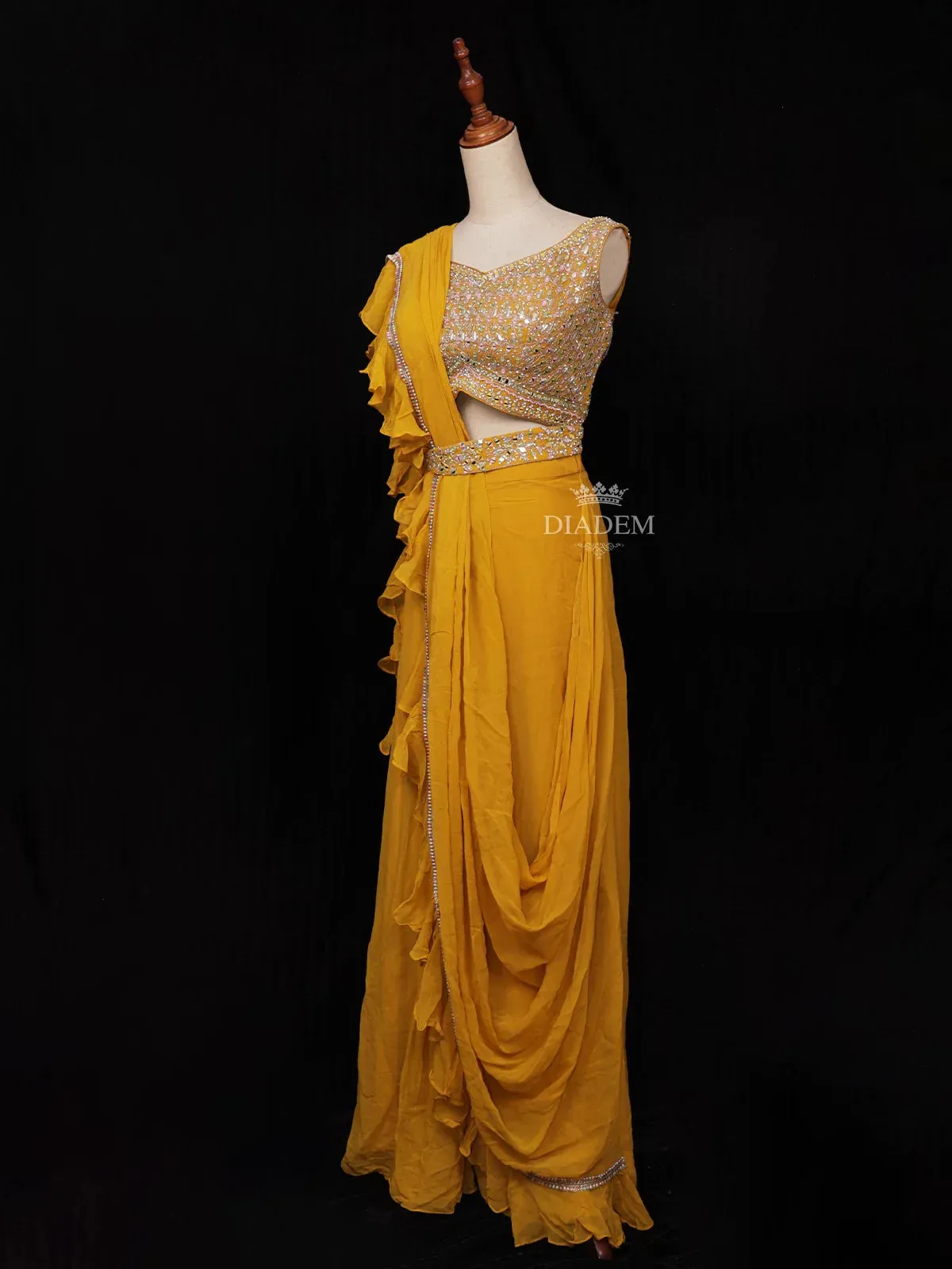 Chrome Yellow Georgette Ready to Wear Saree with Plain Body Paired with Designer Blouse and Waist Belt