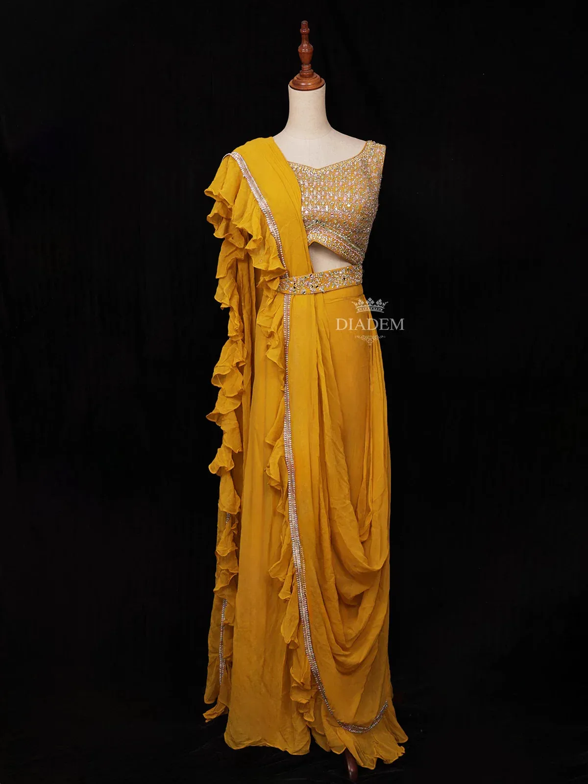 Chrome Yellow Georgette Ready to Wear Saree with Plain Body Paired with Designer Blouse and Waist Belt