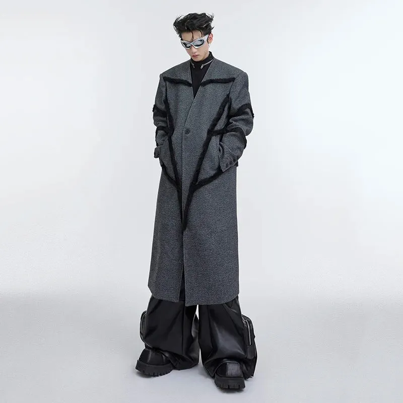 Collarless Silhouette Woolen Long Coat