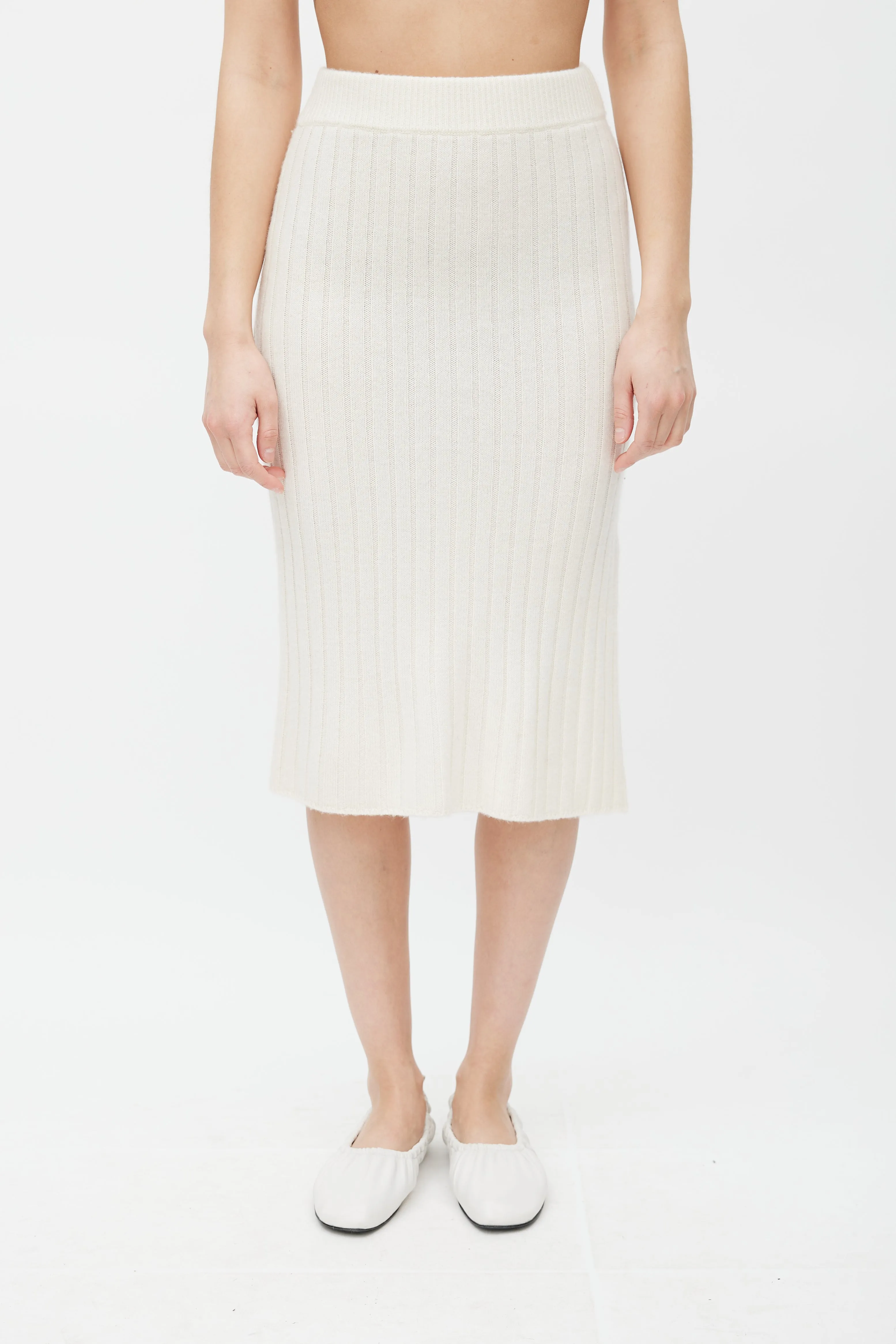 Cream Ribbed Cashmere Knit Midi Skirt