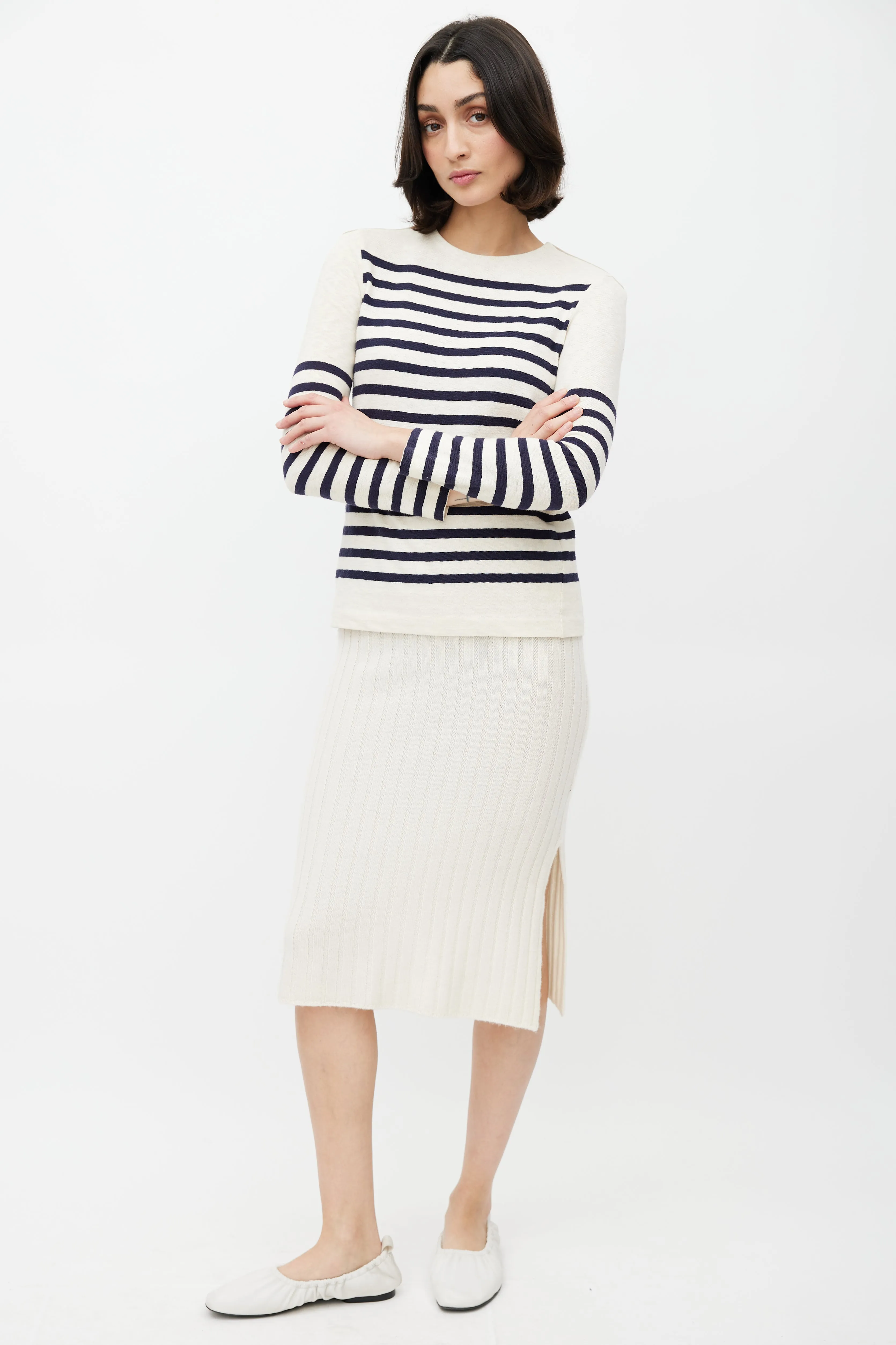 Cream Ribbed Cashmere Knit Midi Skirt