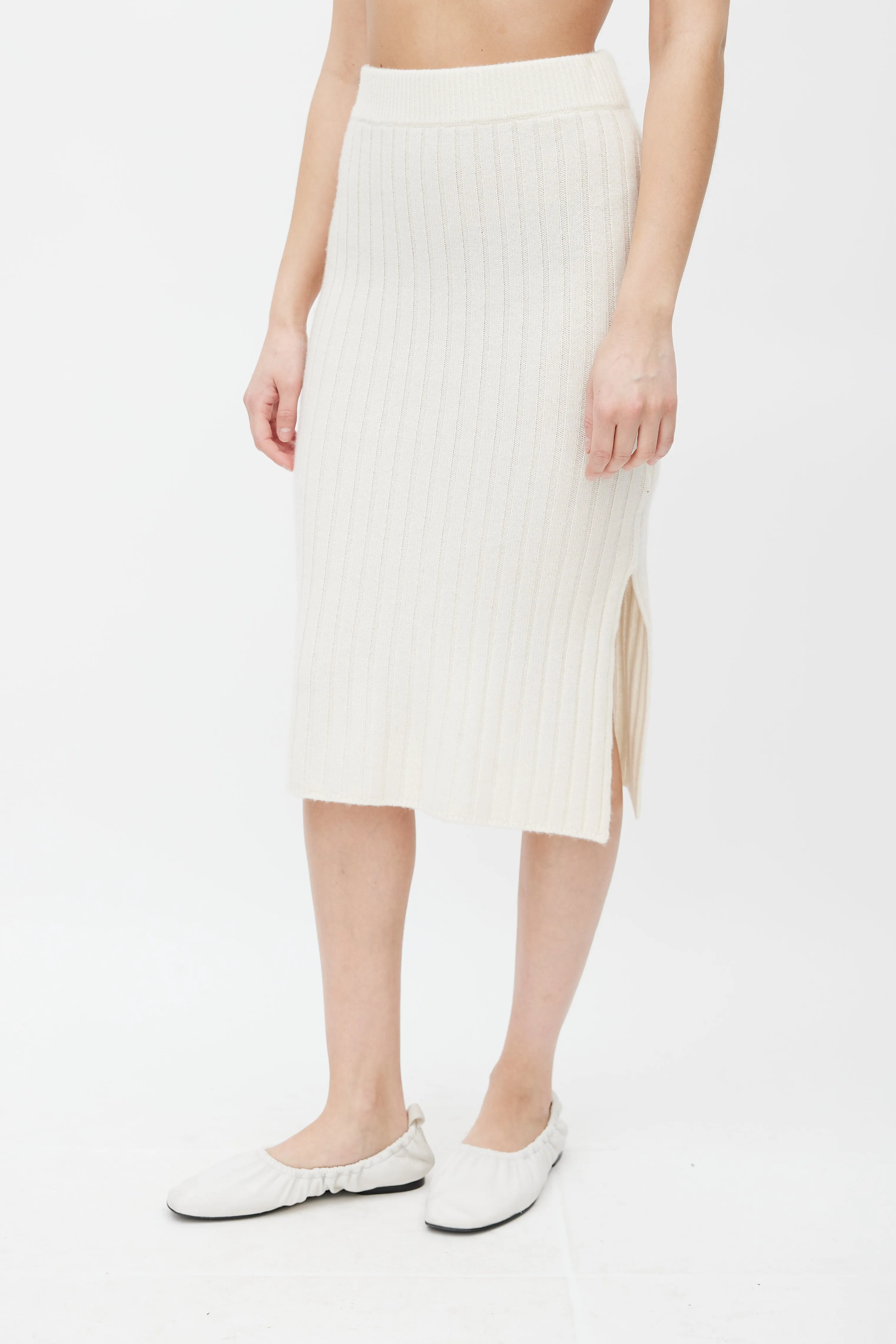 Cream Ribbed Cashmere Knit Midi Skirt