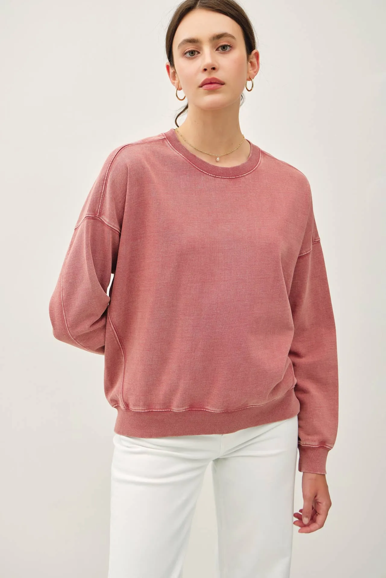 CROPPED ACID WASH CREW NECK SWEATSHIRT