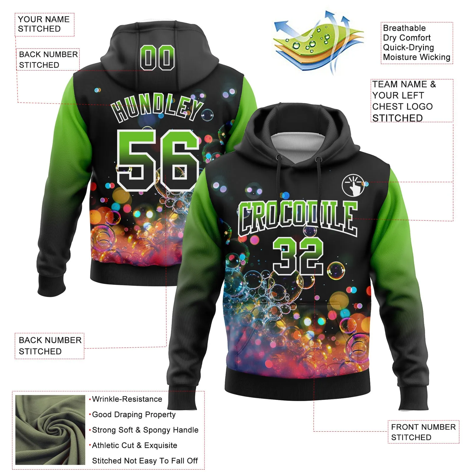 Custom Stitched Black Aurora Green-White Fade 3D Pattern Design Colorful Bubbles Sports Pullover Sweatshirt Hoodie