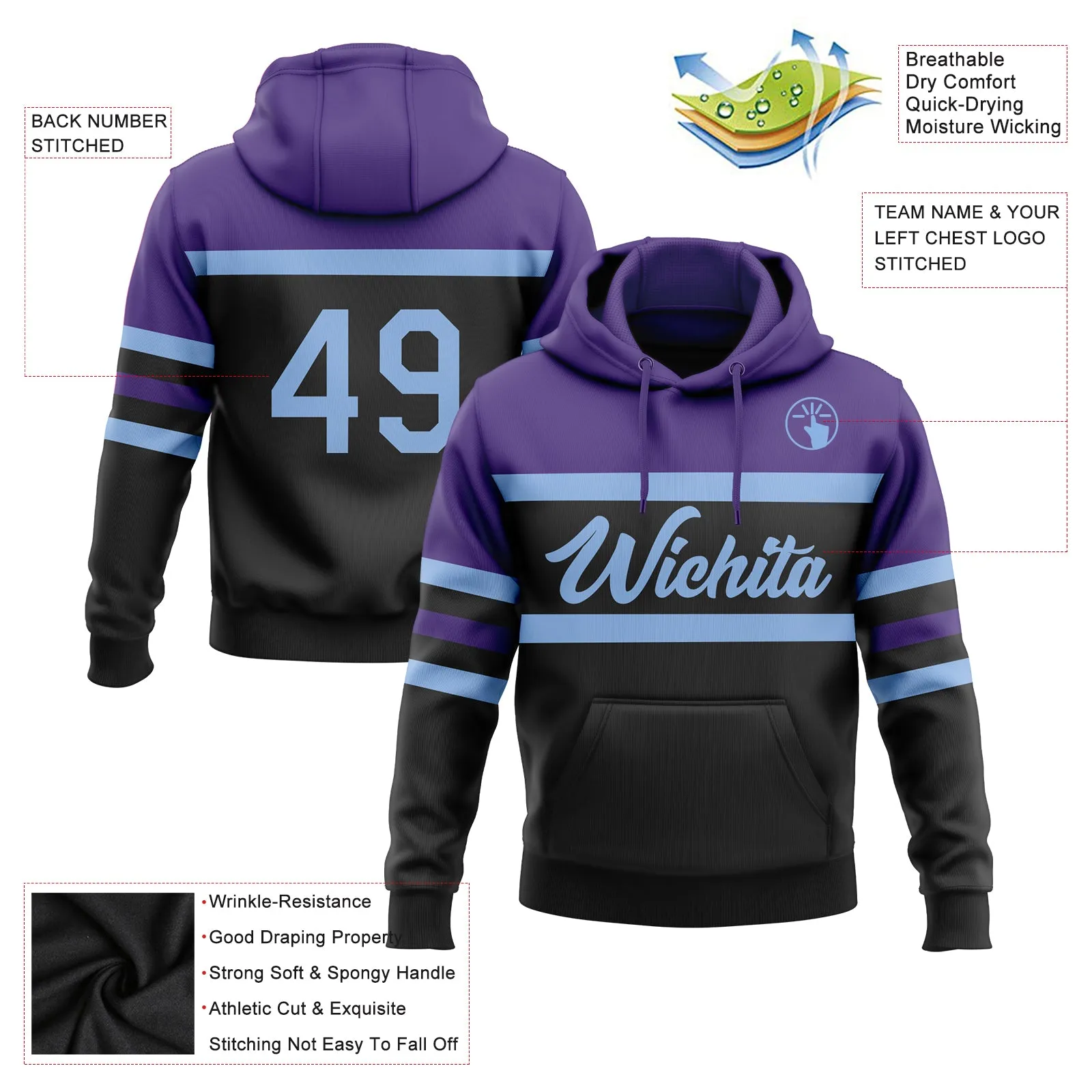 Custom Stitched Black Light Blue-Purple Line Sports Pullover Sweatshirt Hoodie