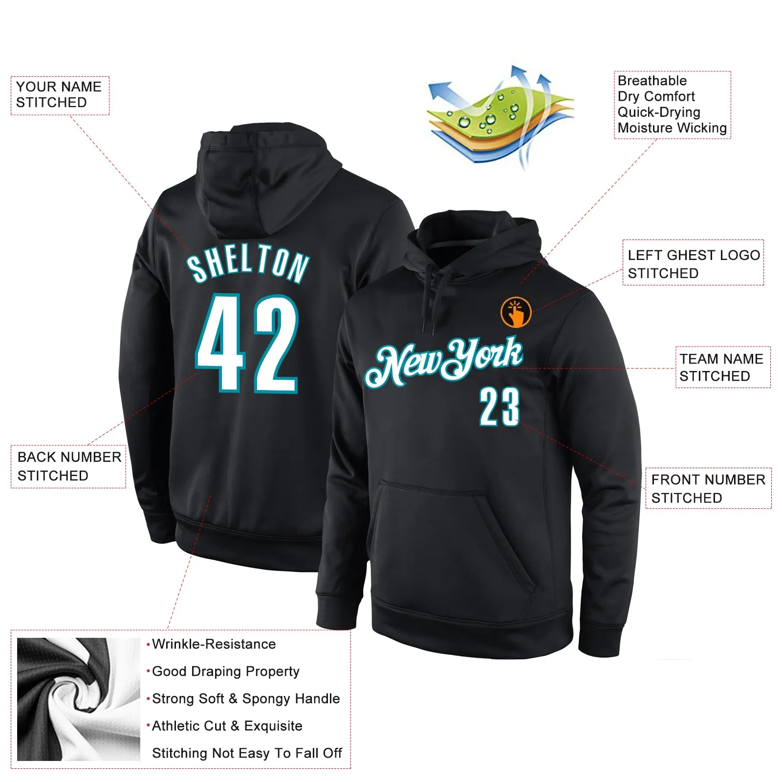 Custom Stitched Black White-Teal Sports Pullover Sweatshirt Hoodie