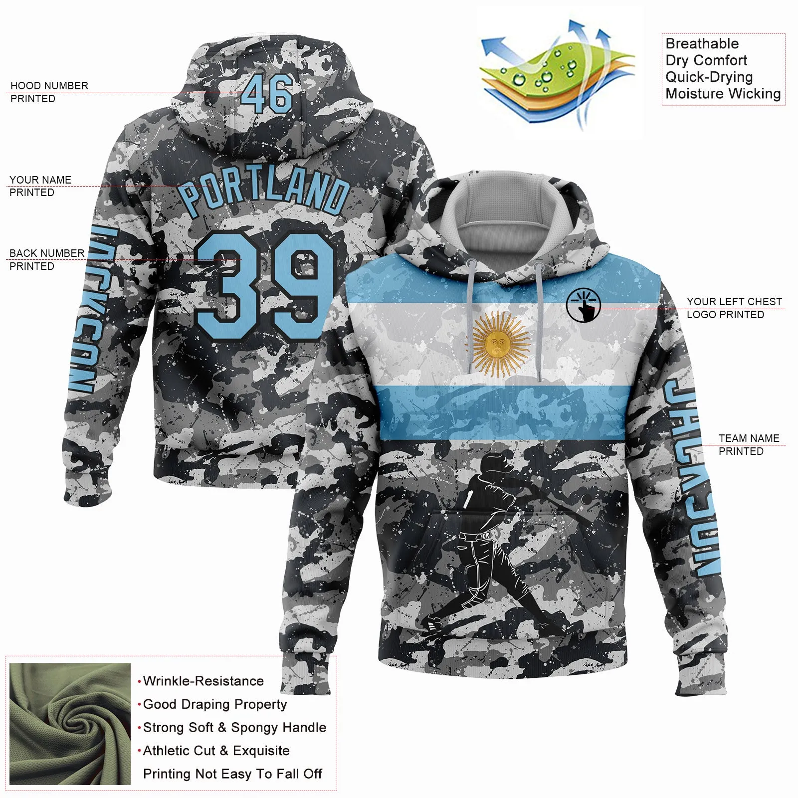 Custom Stitched Camo Light Blue-Black 3D Argentina Argentinian Flag Sports Pullover Sweatshirt Salute To Service Hoodie